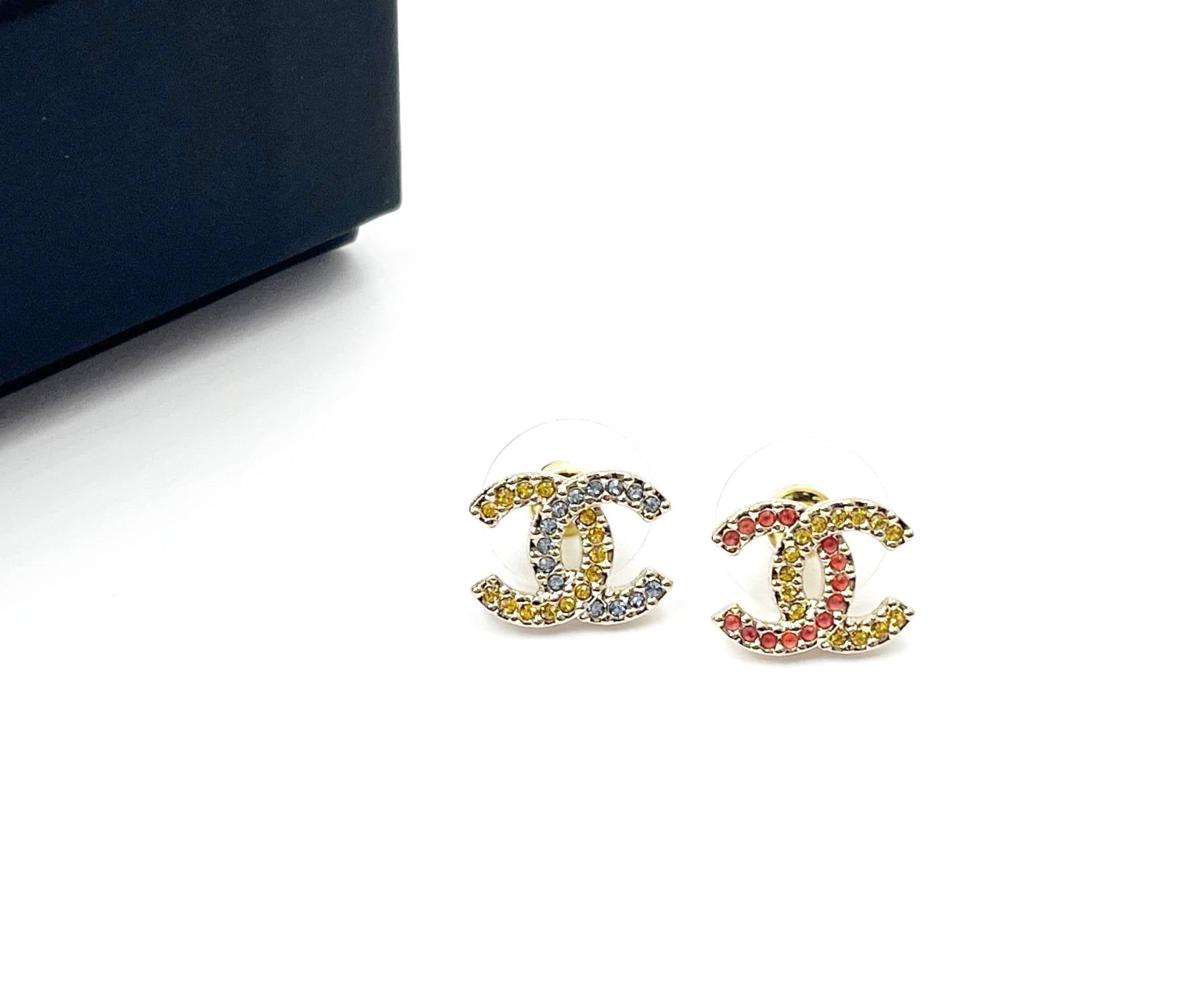 Chanel Brand New Gold CC Yellow Pink Blue Asymmetrical Crystal Piercing Earrings