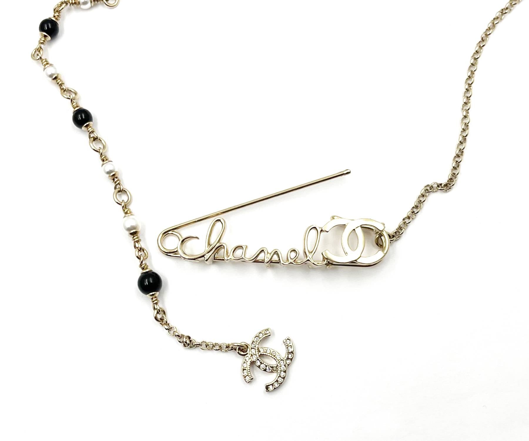 Chanel Brand New Rare Light Gold Safety Pin Pearl Necklace
