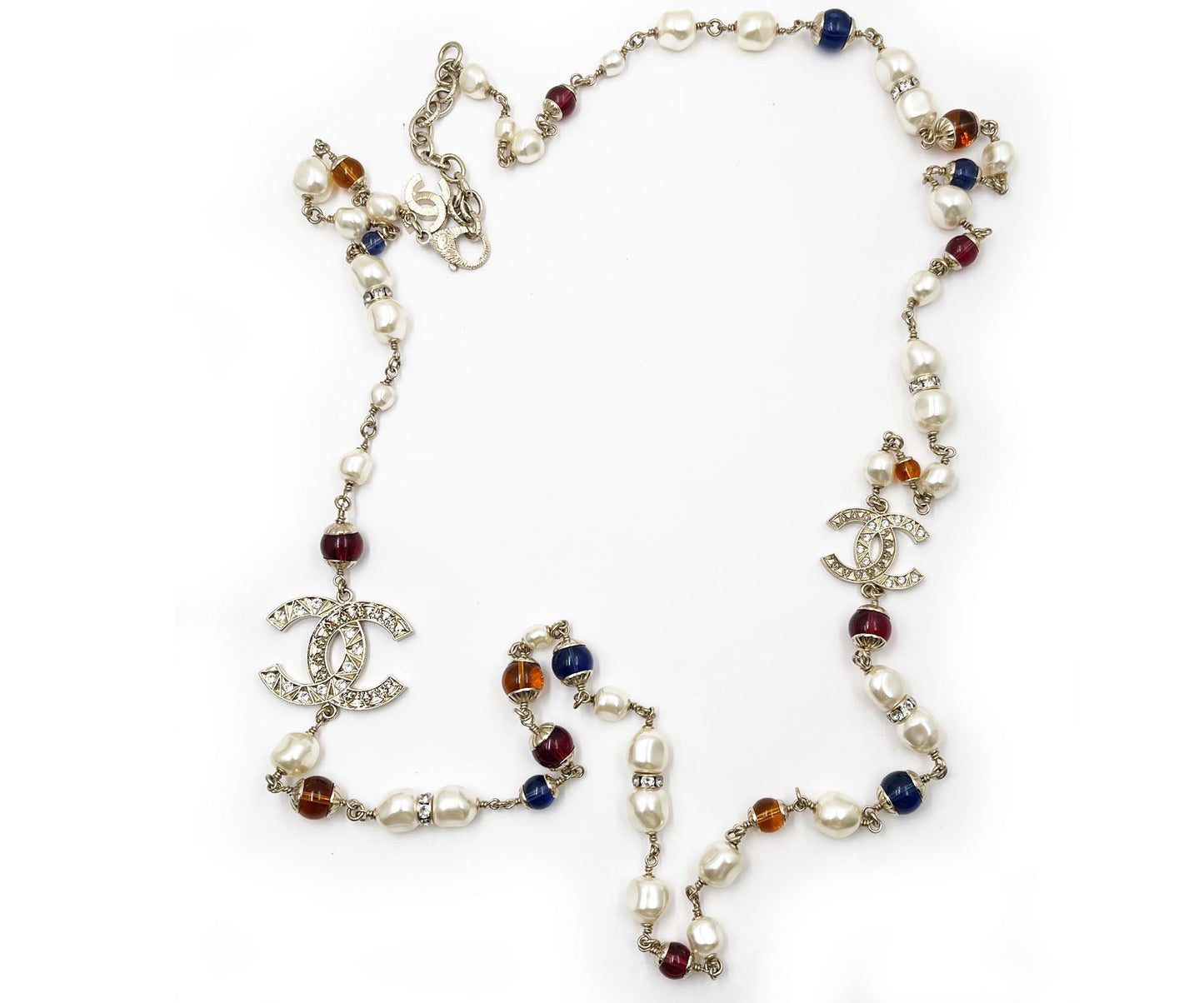 Chanel Brand New Gold Scratchy CC Blue Red Bead Pearl Long Necklace