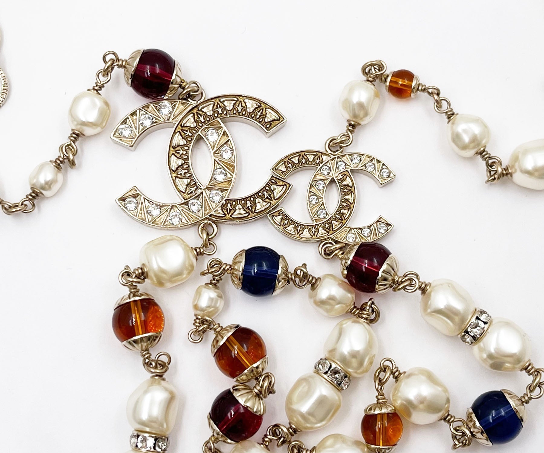 Chanel Brand New Gold Scratchy CC Blue Red Bead Pearl Long Necklace