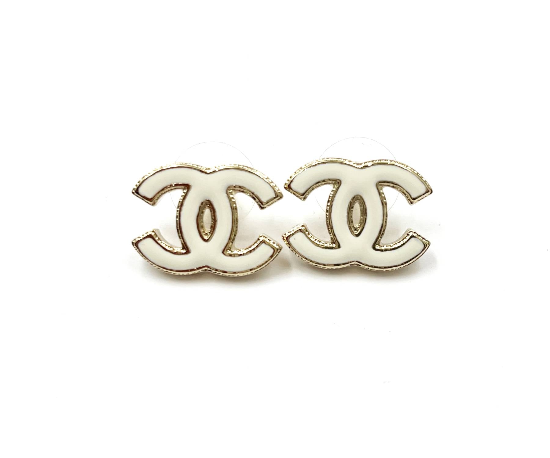 Chanel Brand New Gold CC White Enamel Reissued Piercing Earrings
