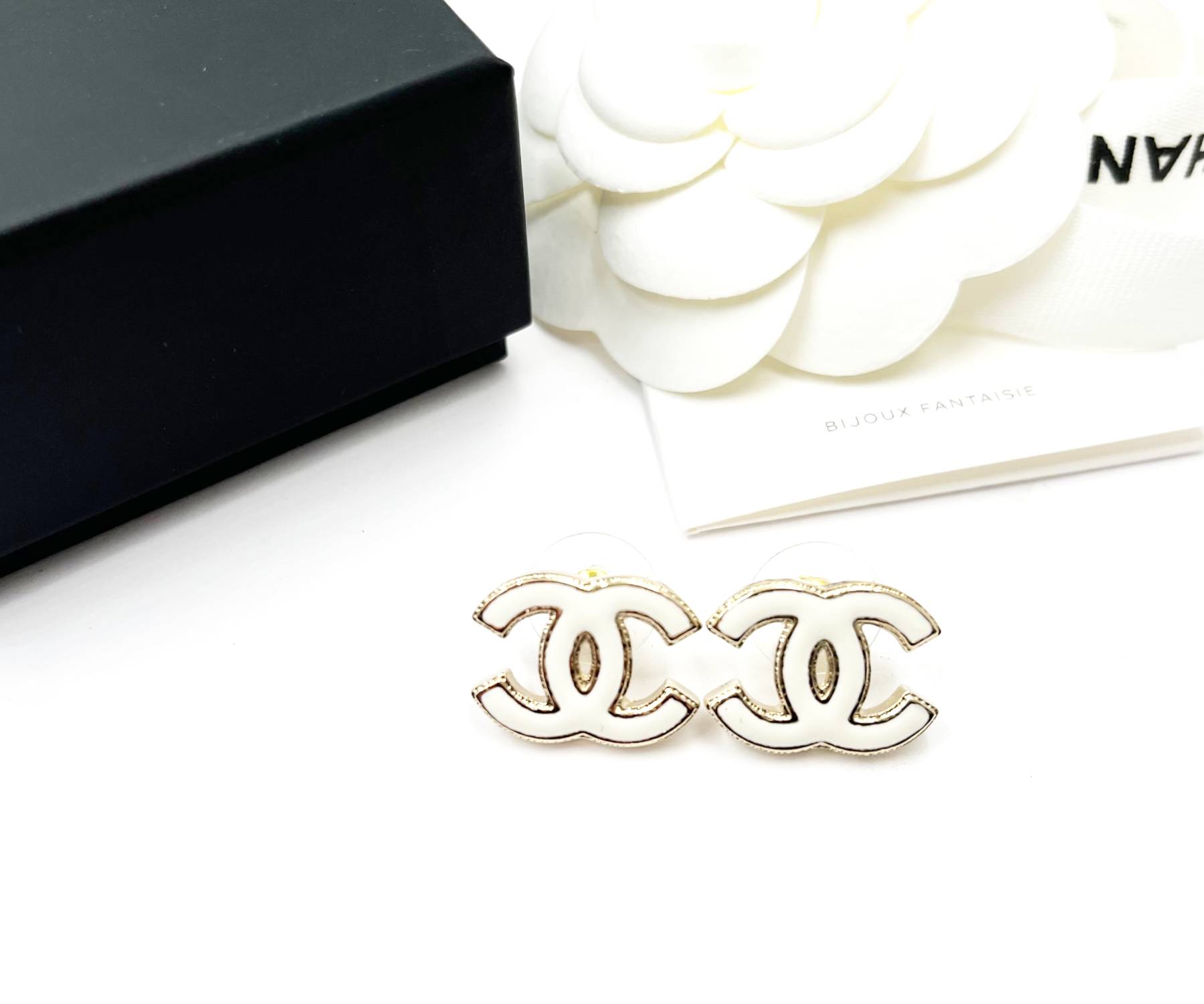 Chanel Brand New Gold CC White Enamel Reissued Piercing Earrings