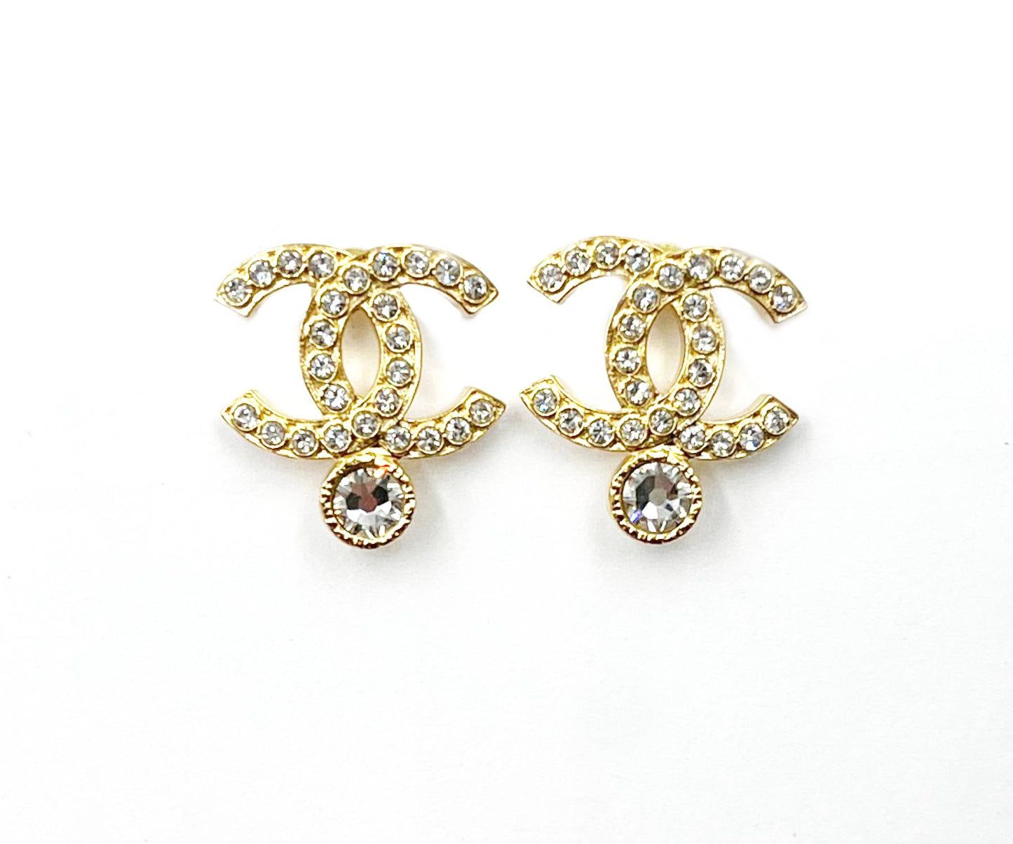 Chanel Brand New Gold CC Crystal Bottom Crystal Piercing Earrings