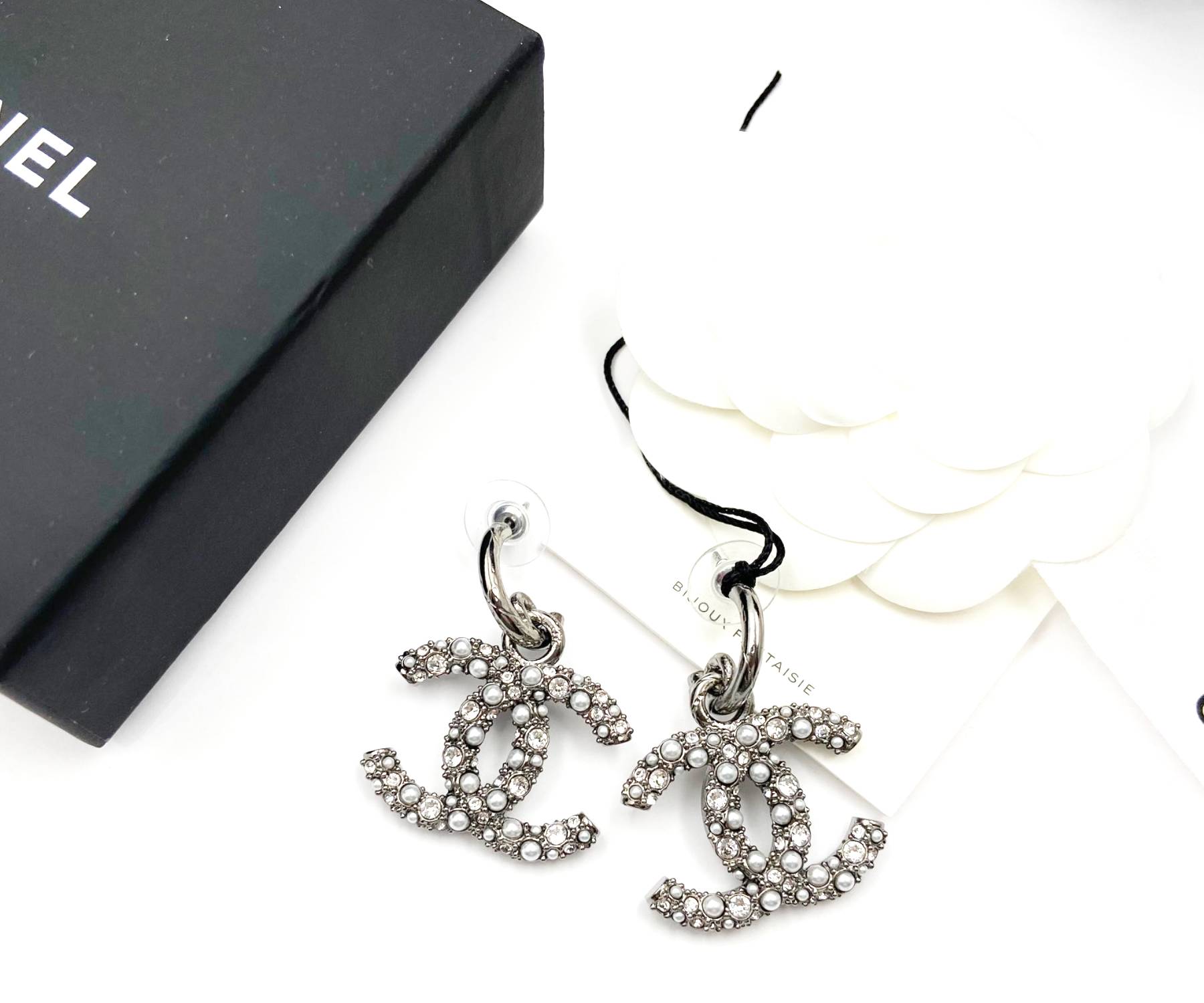 Chanel Brand New Grey CC Crystal Pearl XL Piercing Earrings