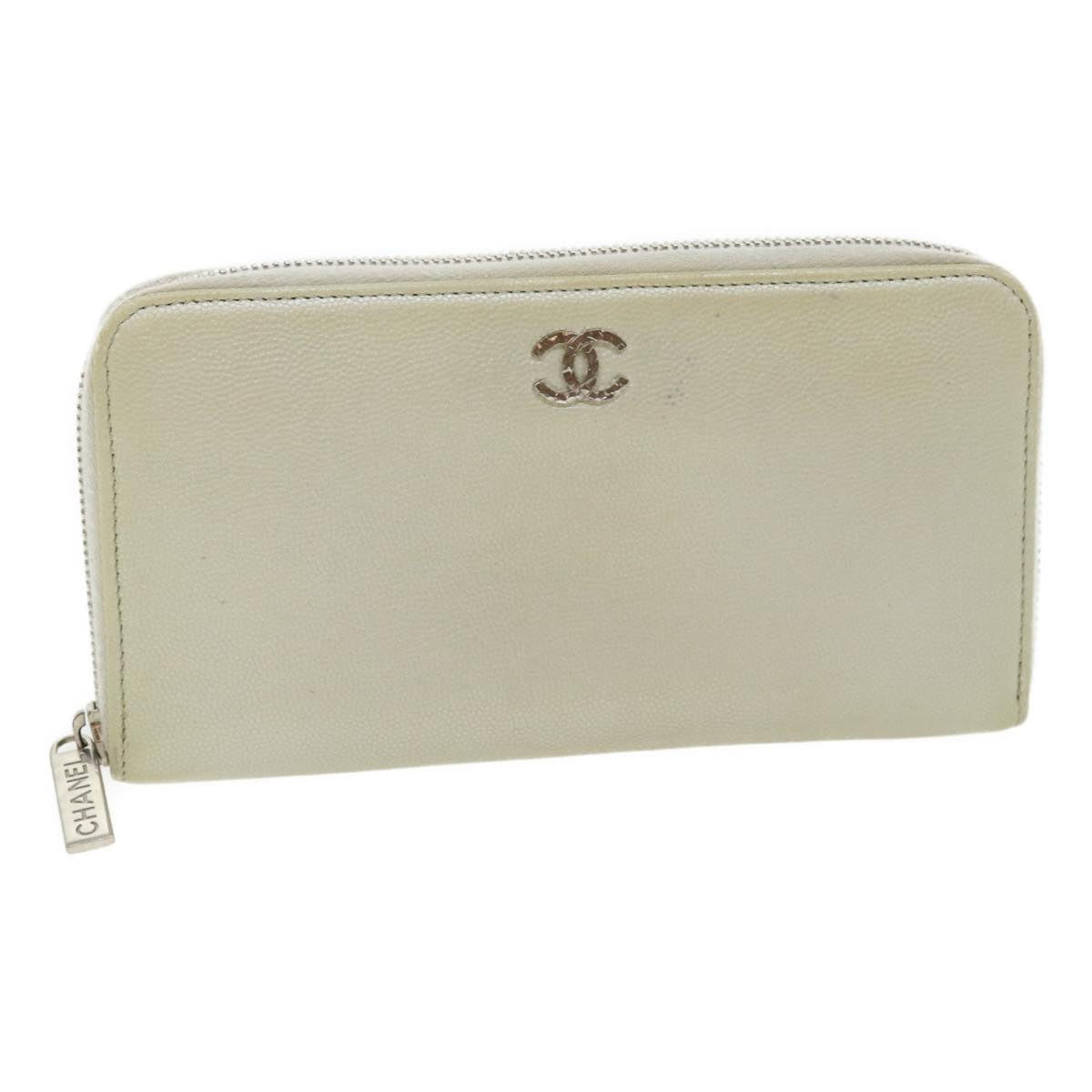 Chanel Caviar Skin Long Wallet Leather Silver CC Auth amg