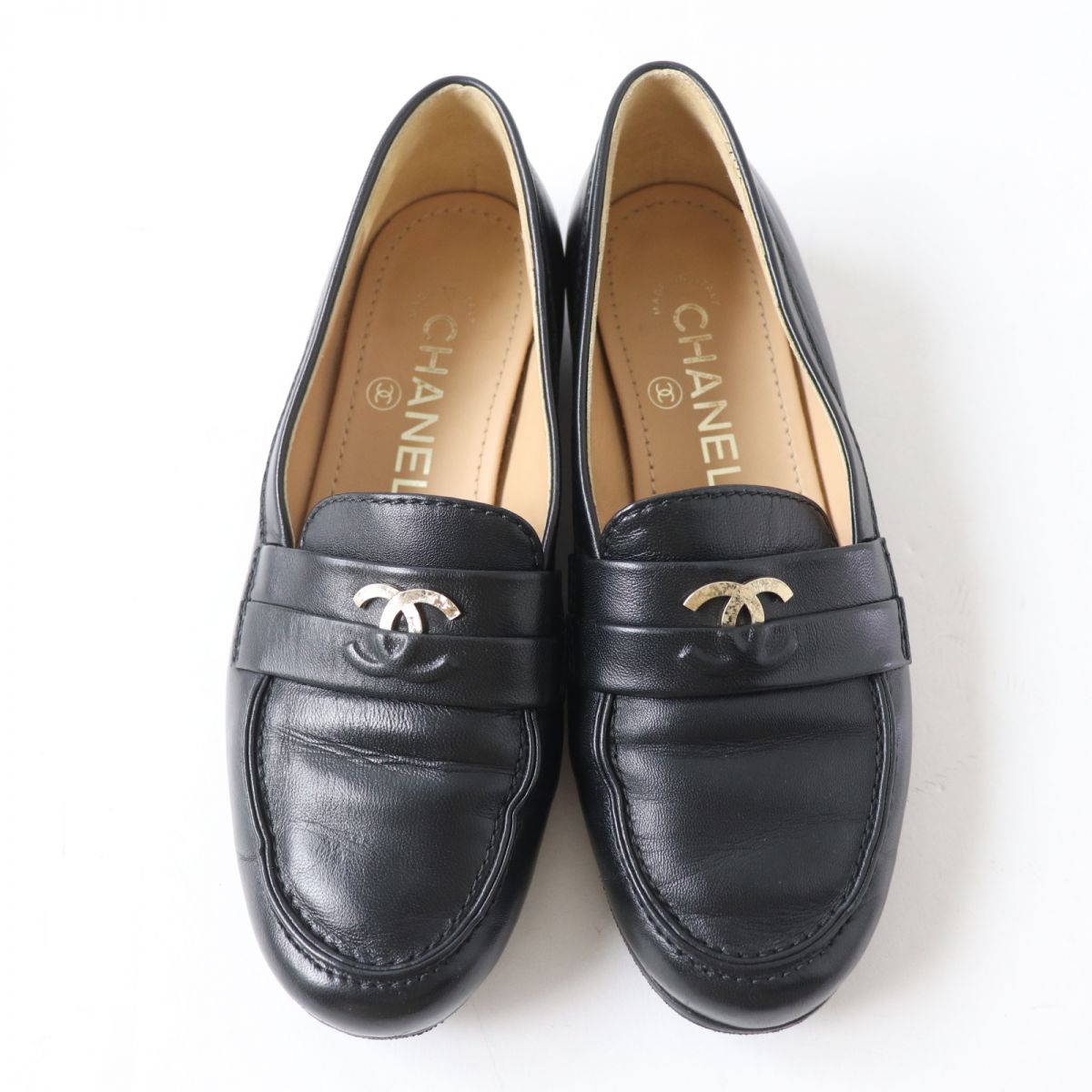Chanel COCO Mark Leather Loafers Black Gold