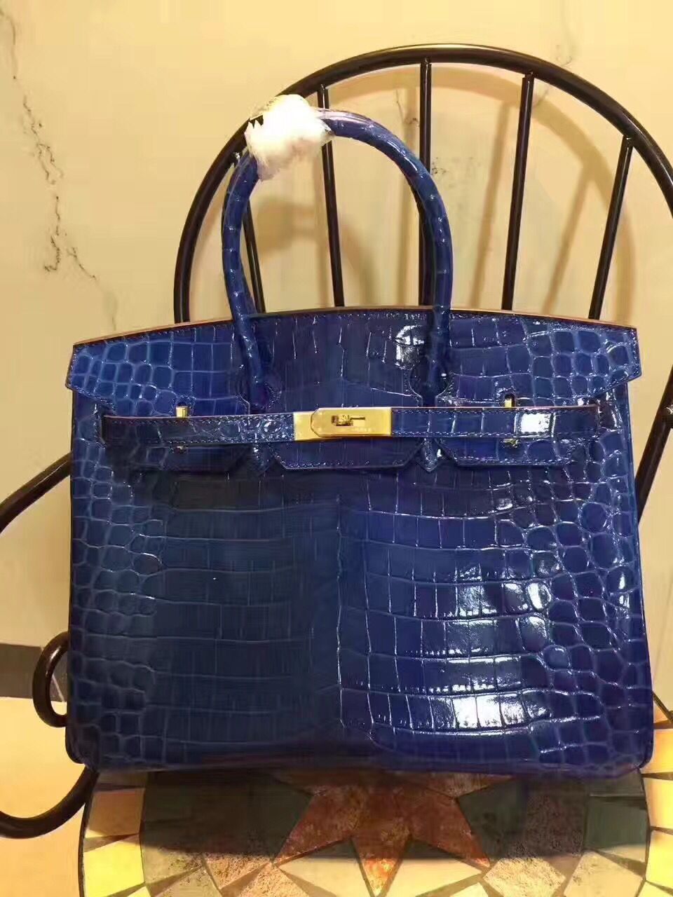 Hermes Luxury Birkin Cm Crocodile Handbag Leather Blue Travel Bag