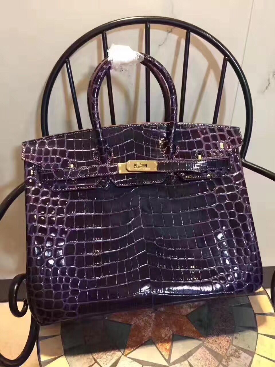 Hermes Luxury Birkin Cm Crocodile Handbag Dark Purple Leather Gold Travel Bag