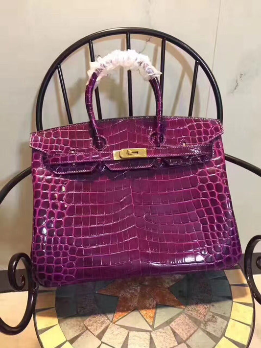 Hermes Luxury Birkin Cm Crocodile Handbag Purple Leather Gold Travel Bag