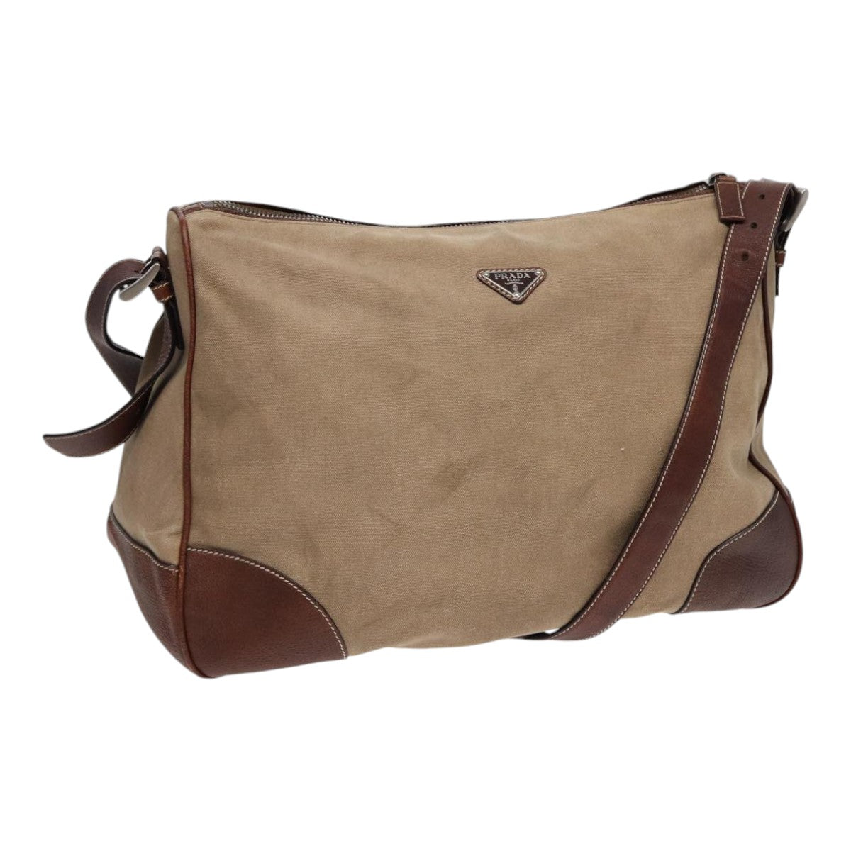 Prada Shoulder Bag Auth Leather Canvas Brown