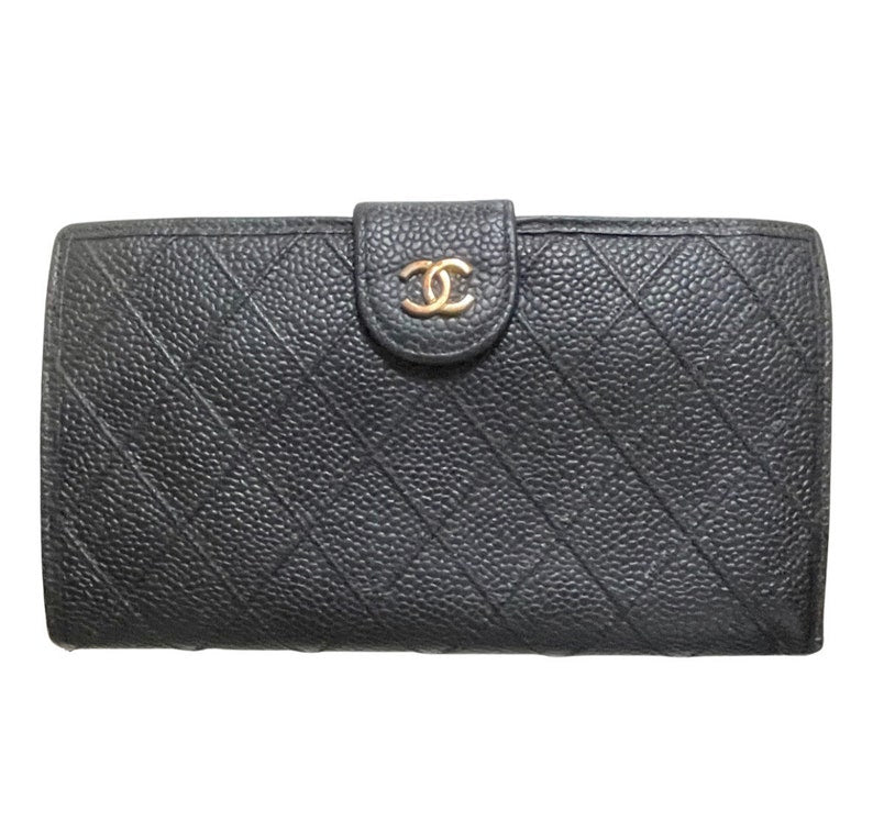 Chanel   black caviar leather wallet with stitches and gold tone CC motif