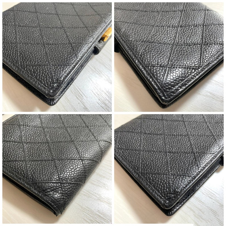 Chanel   black caviar leather wallet with stitches and gold tone CC motif