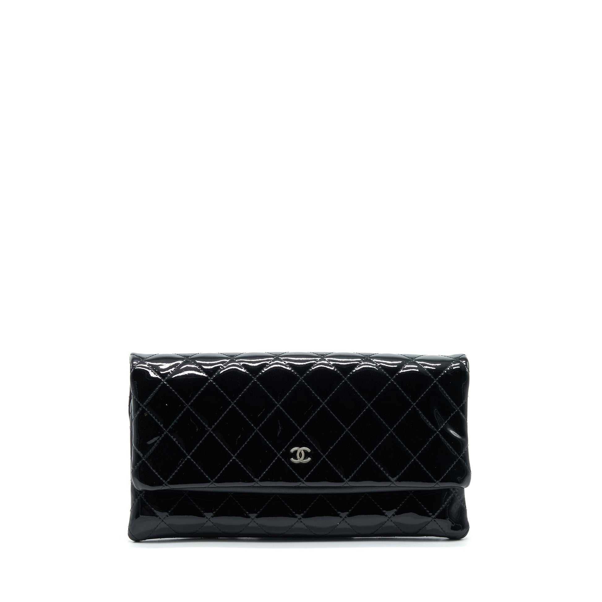 Chanel Fold Over Patent SHW Black Leather Clutch Bag