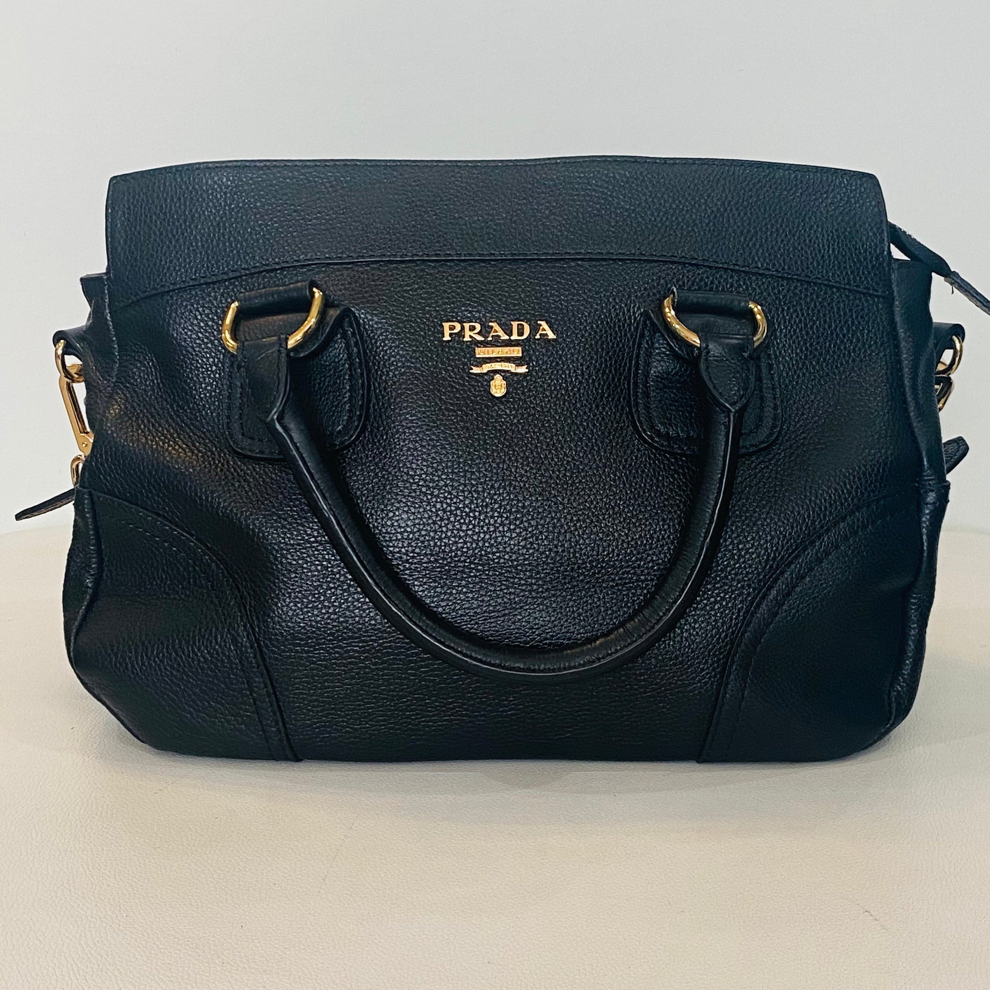 Prada Daino Satchel Rame Vitello Black Satchel Bag