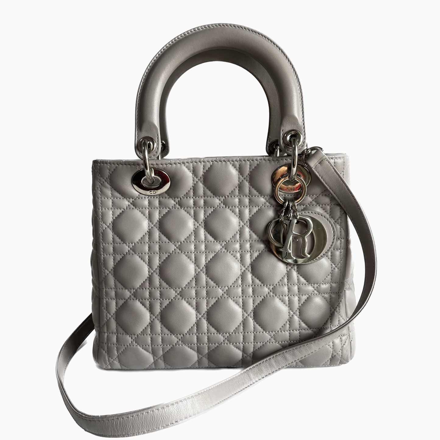 Dior Lady Grey Cannage With Strap Handbag Leather Medium Travel Bag