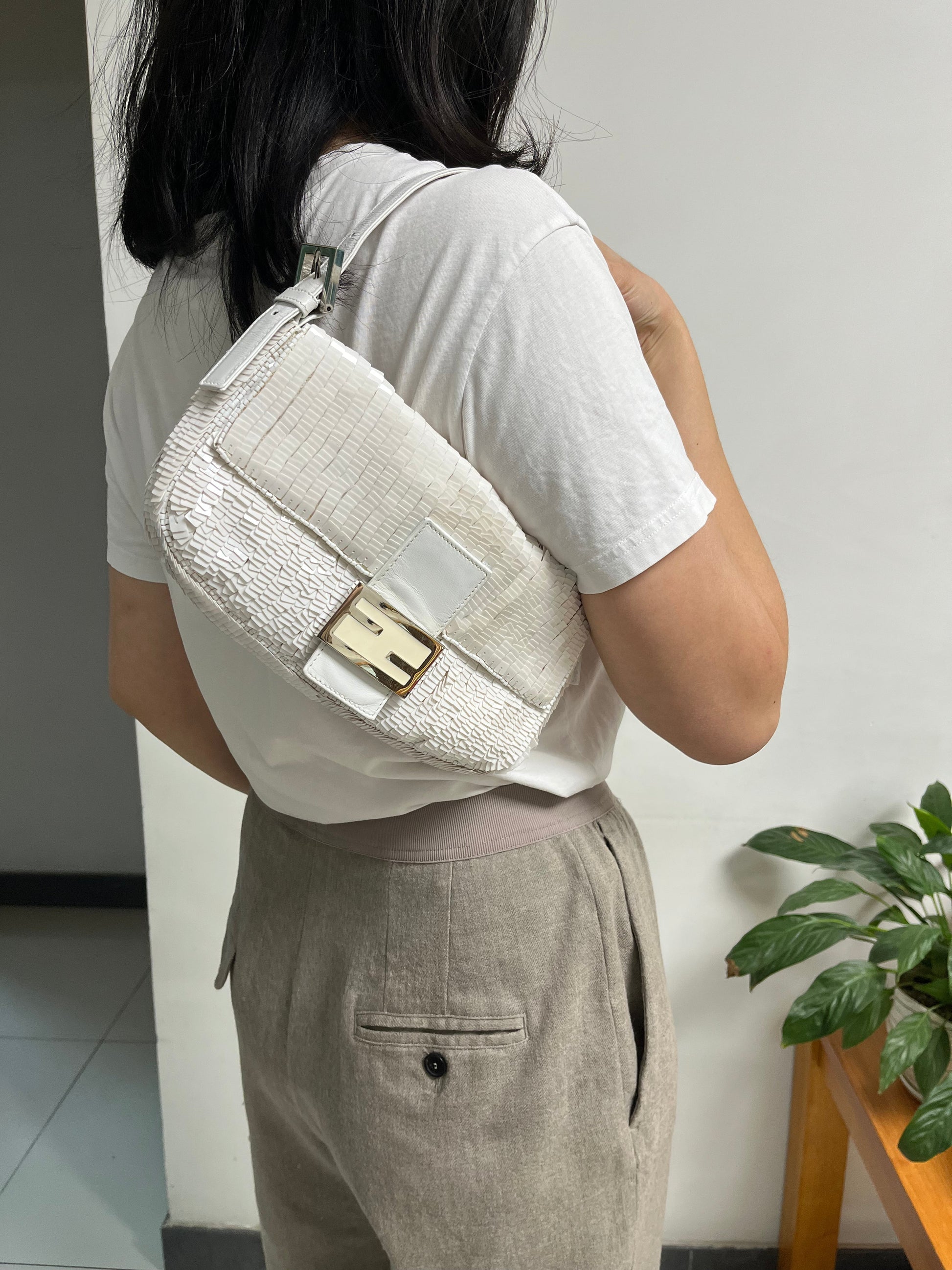 Fendi Baguette Snow Sequins Handbag White Shoulder Bag