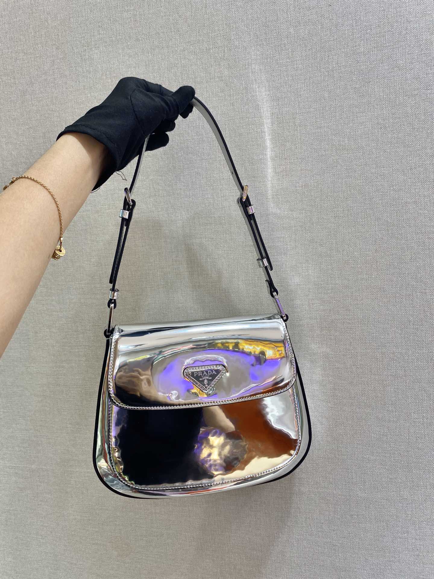 Prada Cleo Brushed Shoulder Bag With Leather Silver Flap