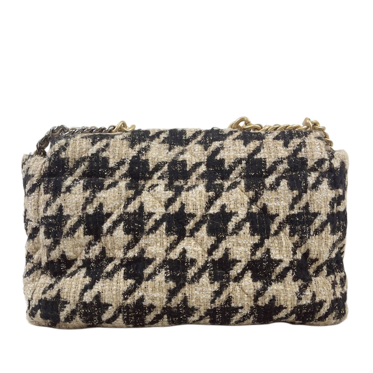 Chanel Maxi 19 Houndstooth Tweed 19K Handbag Black Beige Crossbody Bag