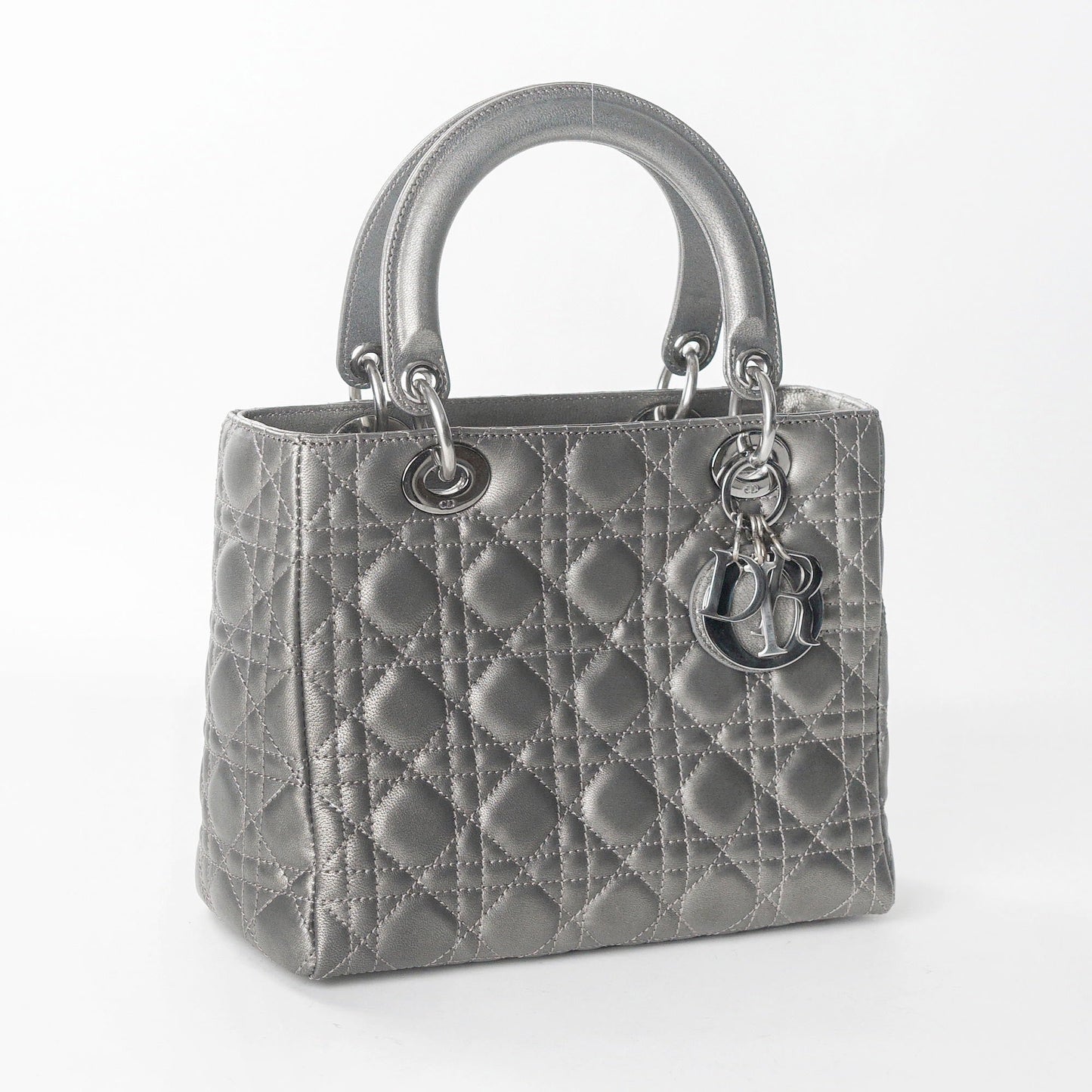 Dior Lady Calfskin Gunmetal Grey Handbag Leather Silver Travel Bag