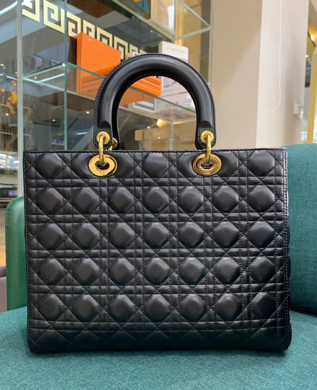 Dior Lady Large Bag Cannage Lambskin With Hardware Leather Black Travel Bag