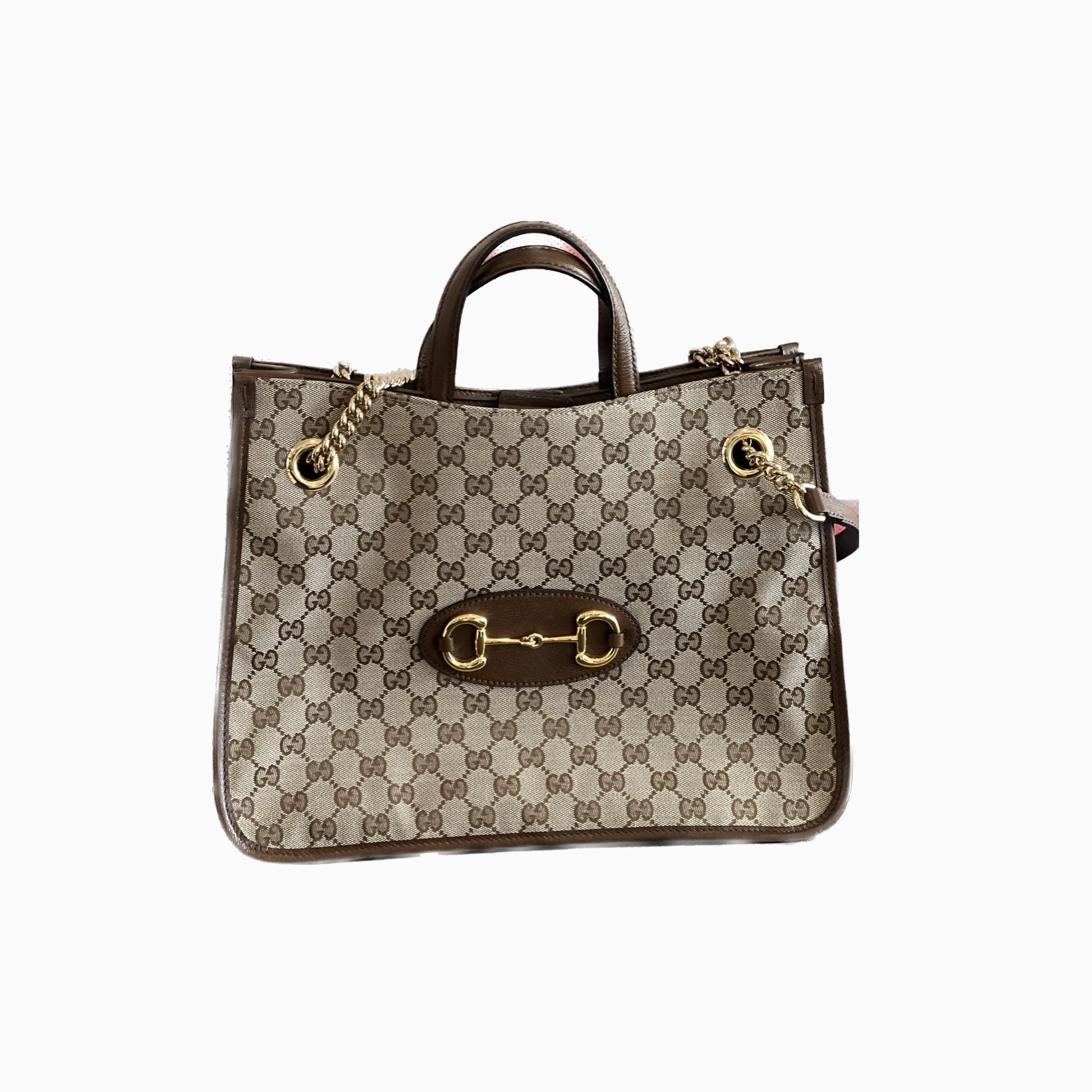 Gucci horsebit chain Monogram Leather Canvas Brown Tote Bag