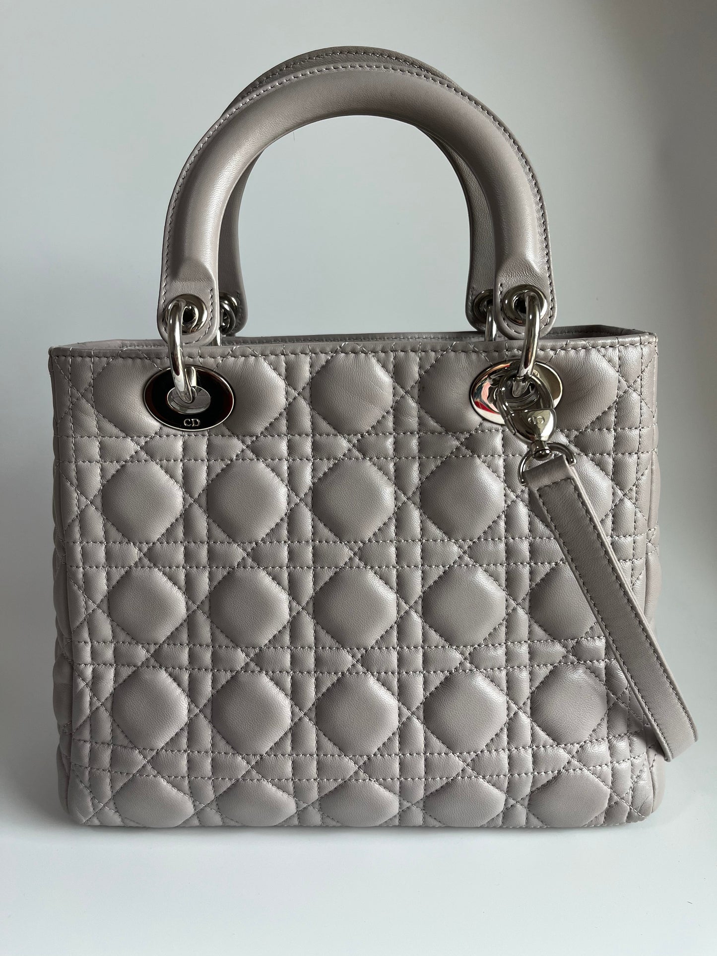 Dior Lady Grey Cannage With Strap Handbag Leather Medium Travel Bag