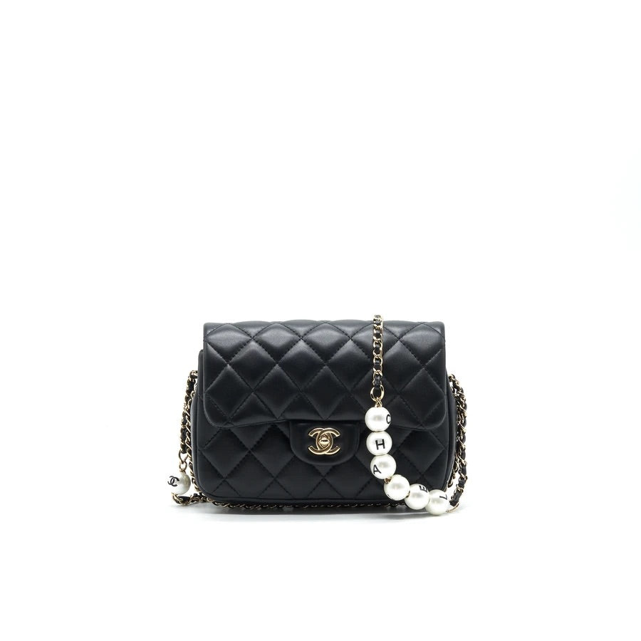 Chanel Pearl Flap Quilted Grained Lambskin LGHW Black Shoulder Bag