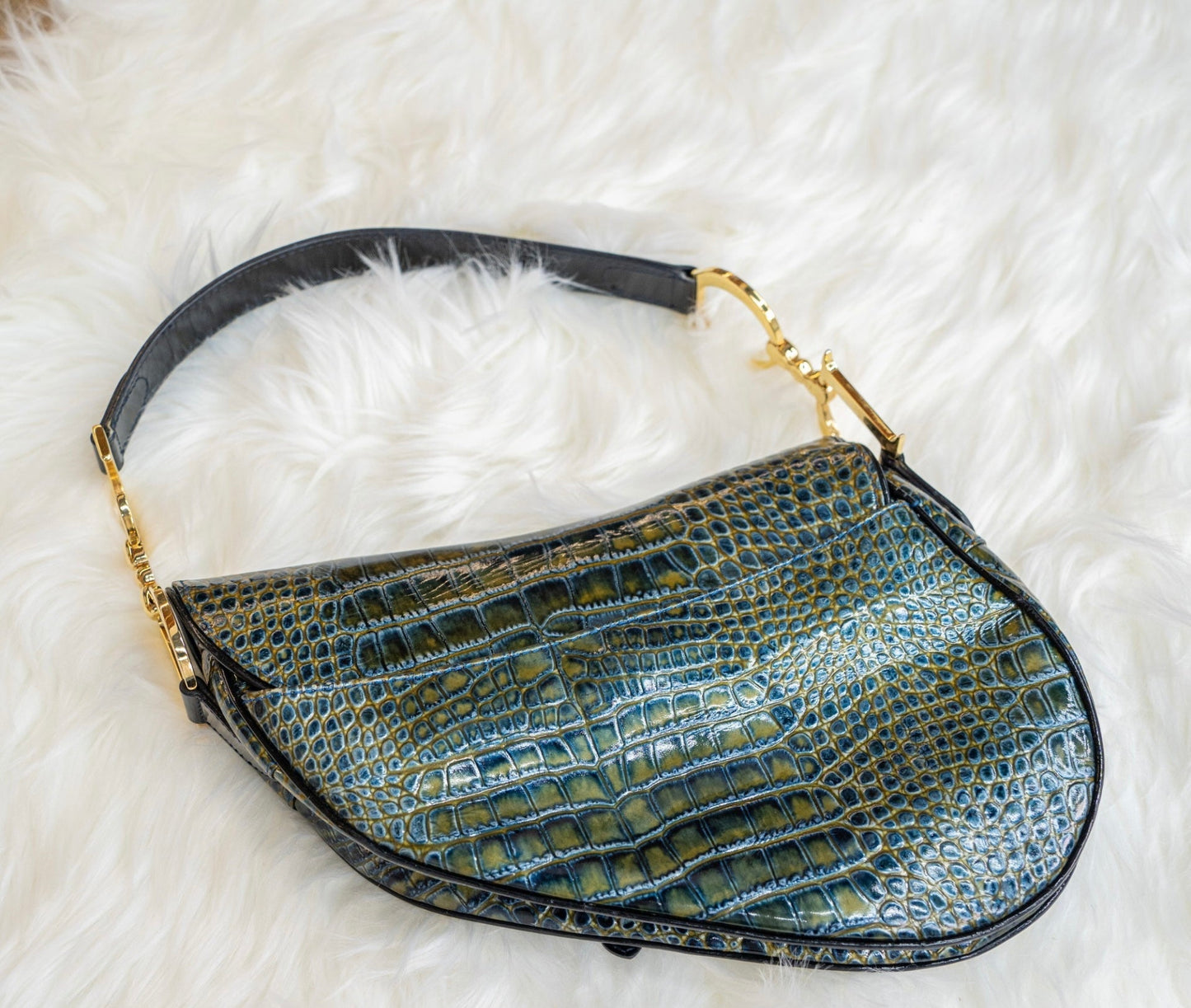 Dior Saddle Crocodile Embossed Handbag Leather Green Travel Bag
