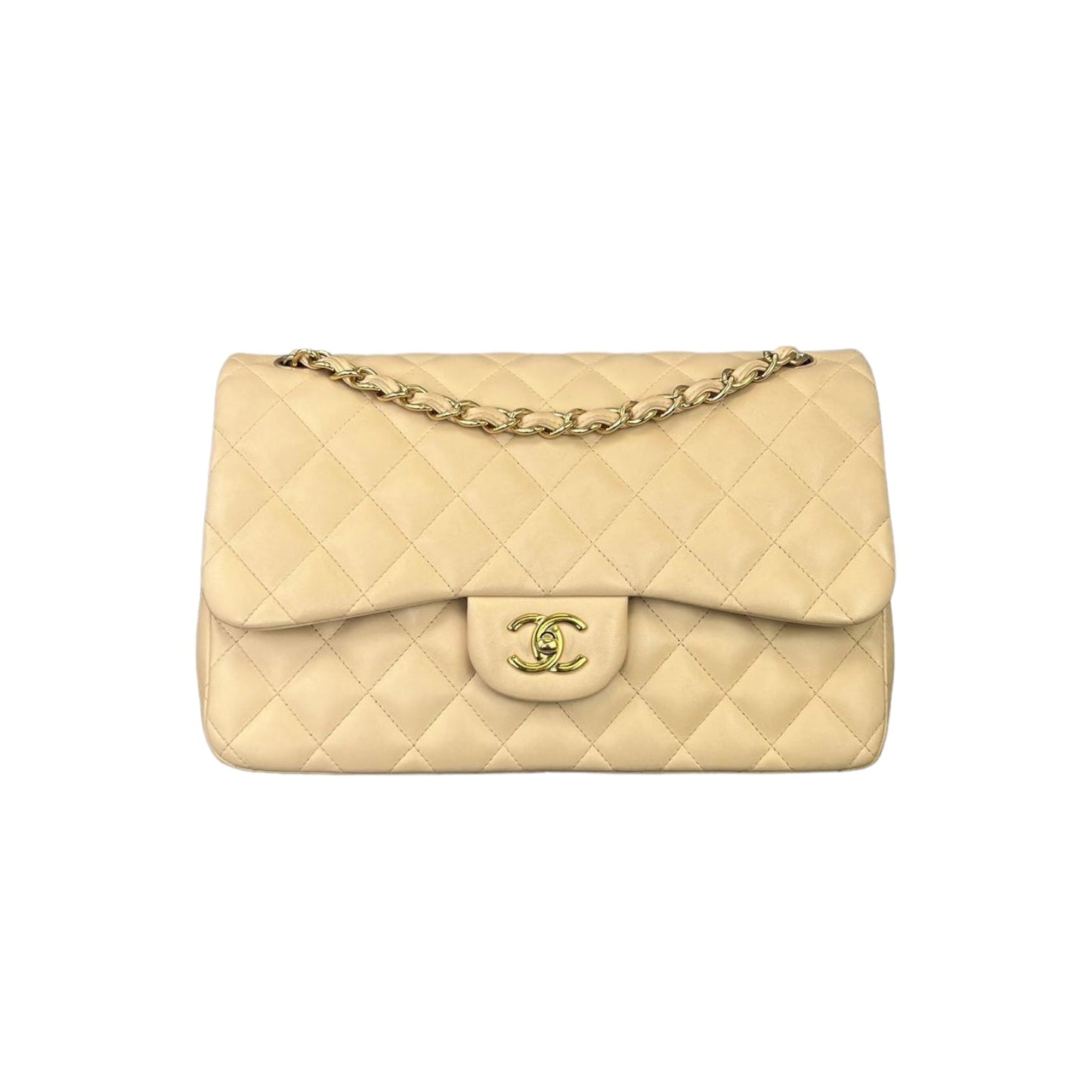 Chanel Double Flap Jumbo Lambskin GHW Handbag Leather Beige Shoulder Bag Lambskin Ghw
