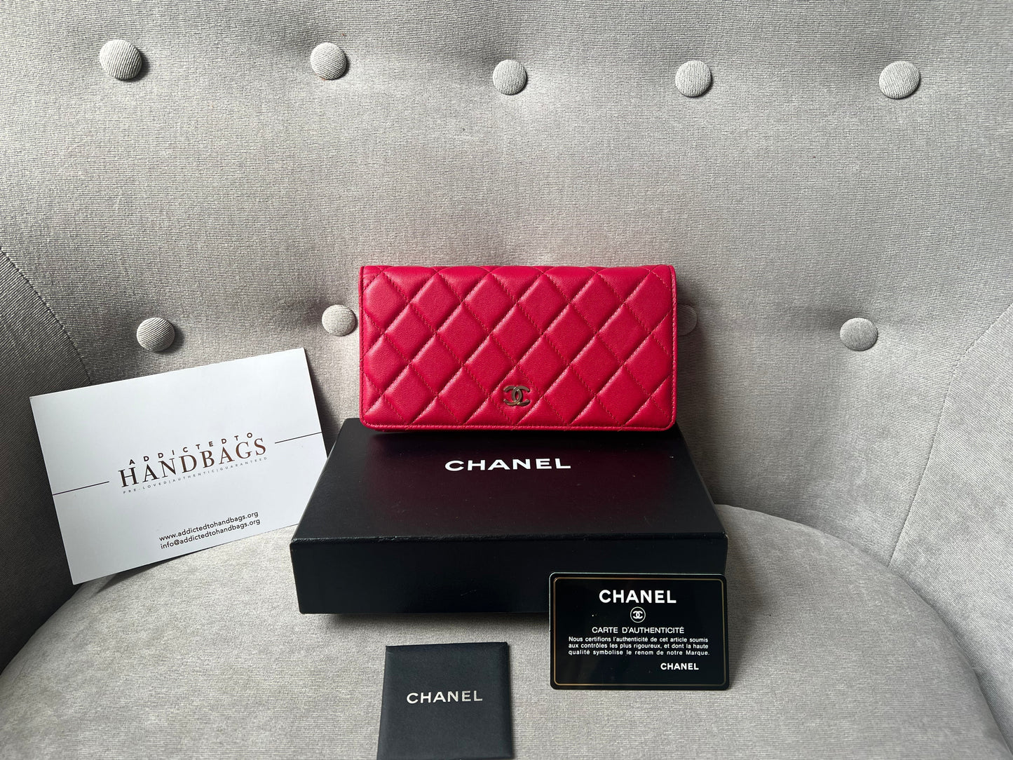 Chanel Classic Quilted Yen Bifold Wallet in Raspberry Red Lambskin and Silver Hardware