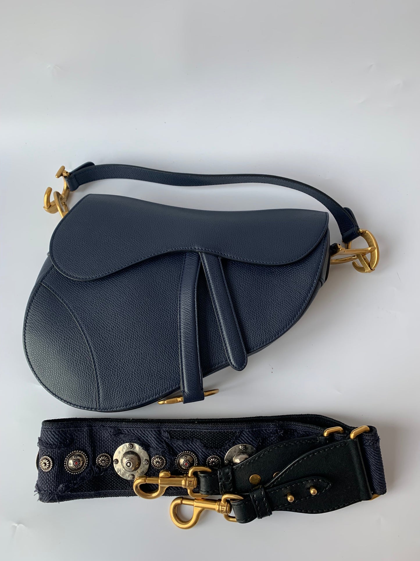 Dior Saddle Grained Handbag With Strap Leather Blue Travel Bag