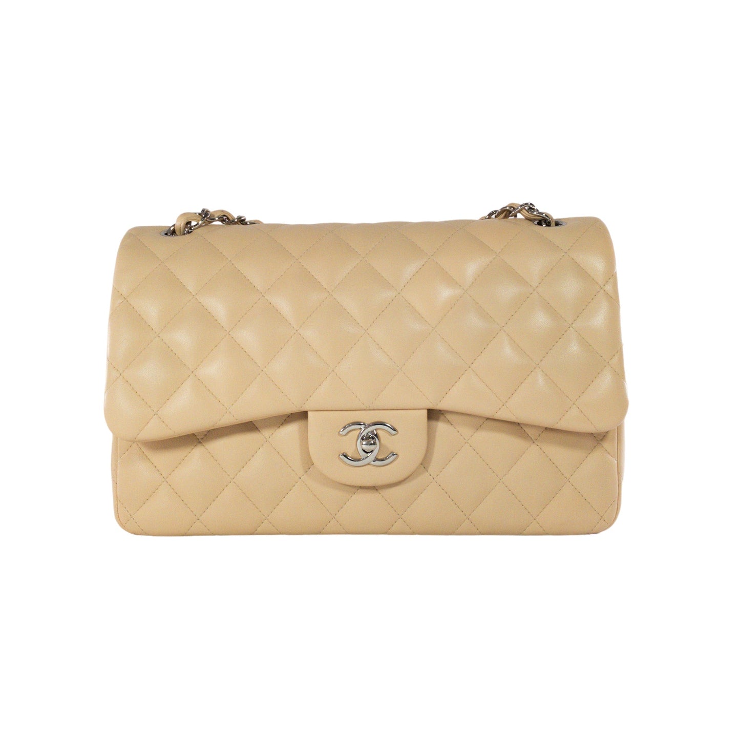 Chanel Beige Lambskin Jumbo Classic Flap SHW