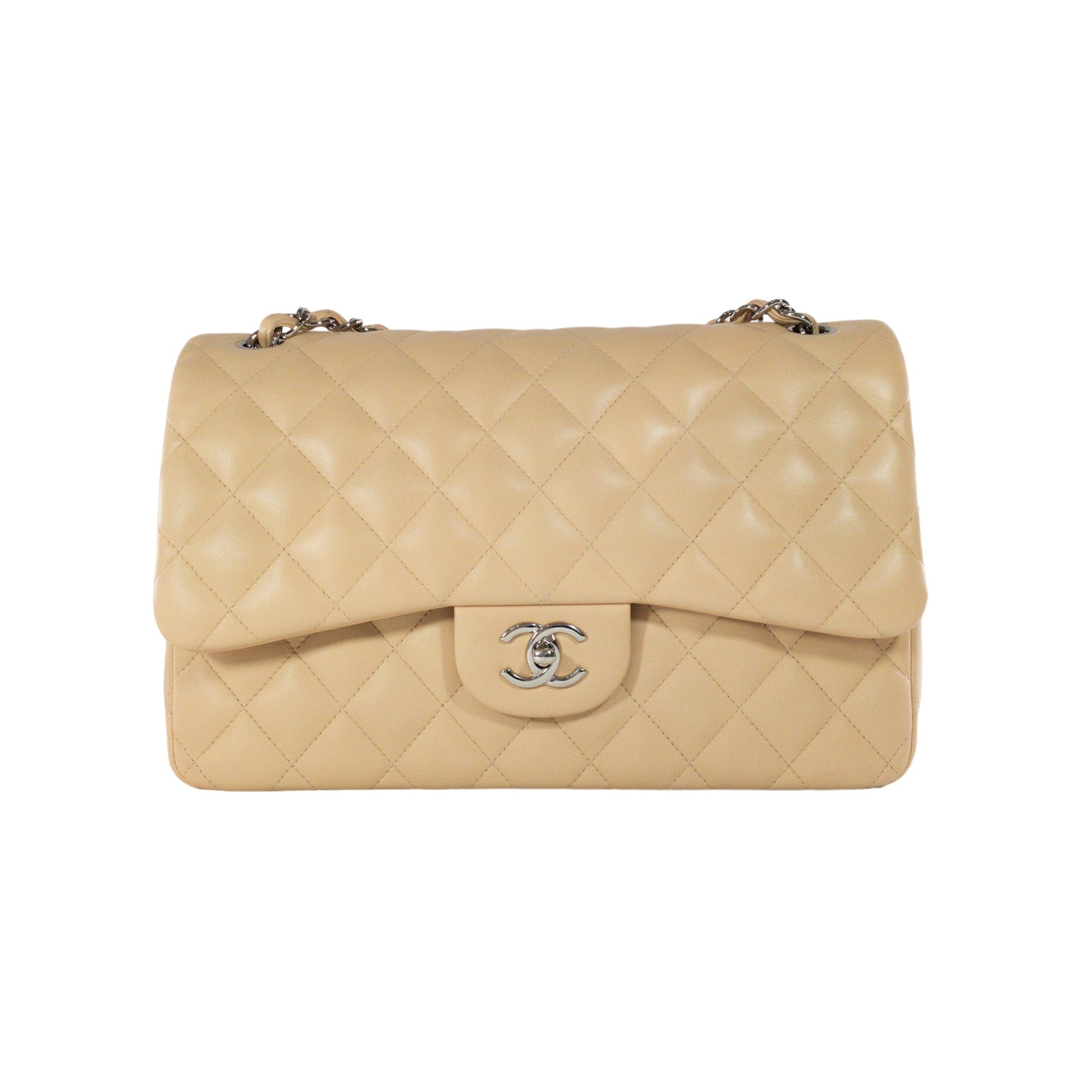 Chanel Beige Lambskin Jumbo Classic Flap SHW