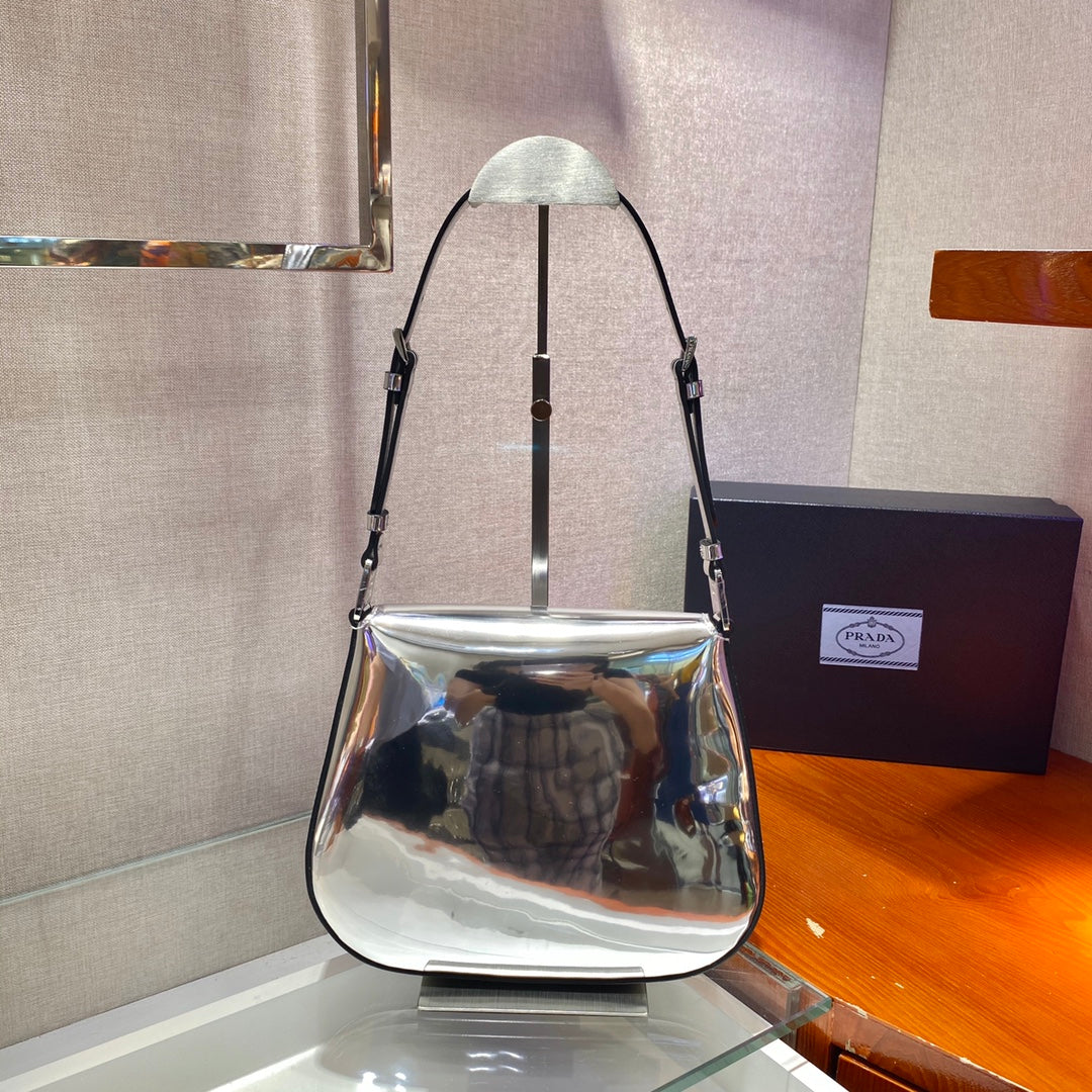 Prada Cleo Brushed Shoulder Bag With Leather Silver Flap