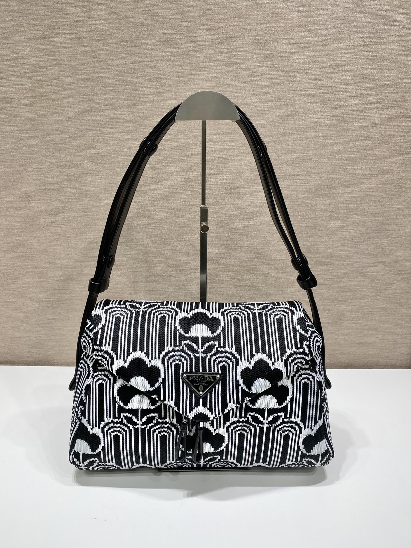 Prada Jacquard Knit An Signaux Bag Leather Travel Bag