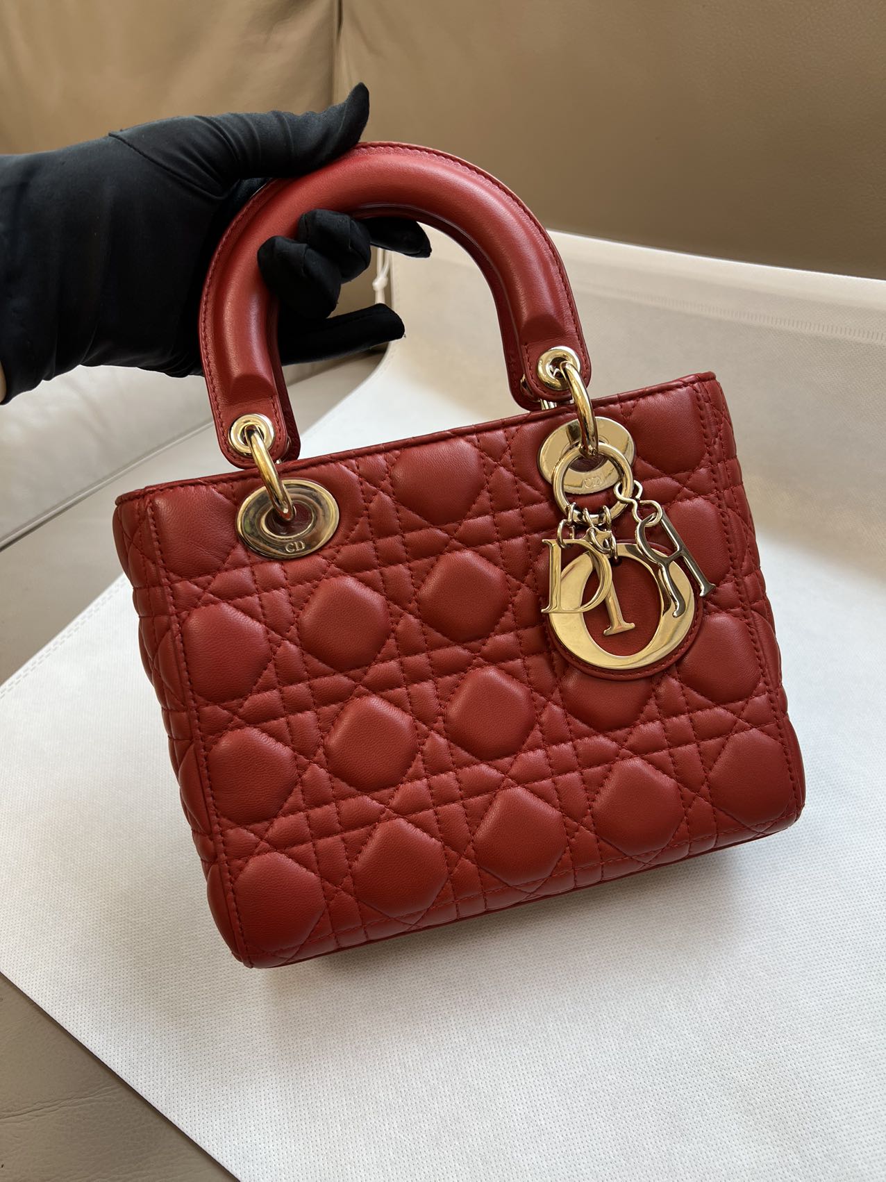 Dior Lady My Abc Lambskin Cannage Handbag Leather Red Travel Bag
