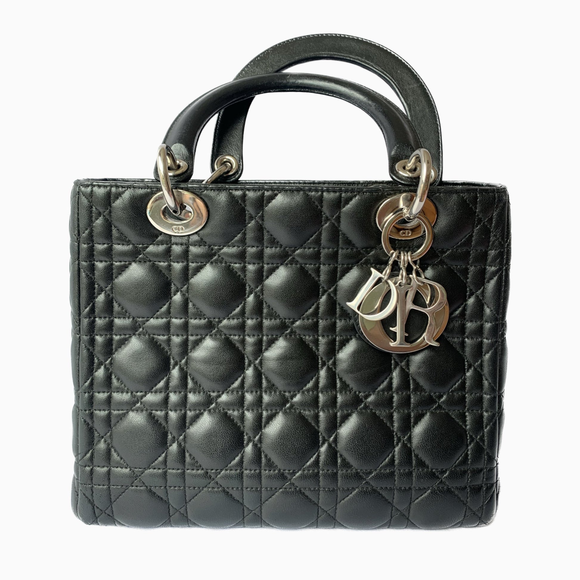 Dior Lady Cannage Lambskin Handbag Leather Black Travel Bag