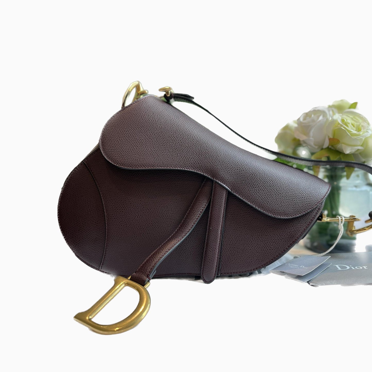 Dior Saddle Maroon Grained Handbag With Strap Leather Medium Travel Bag