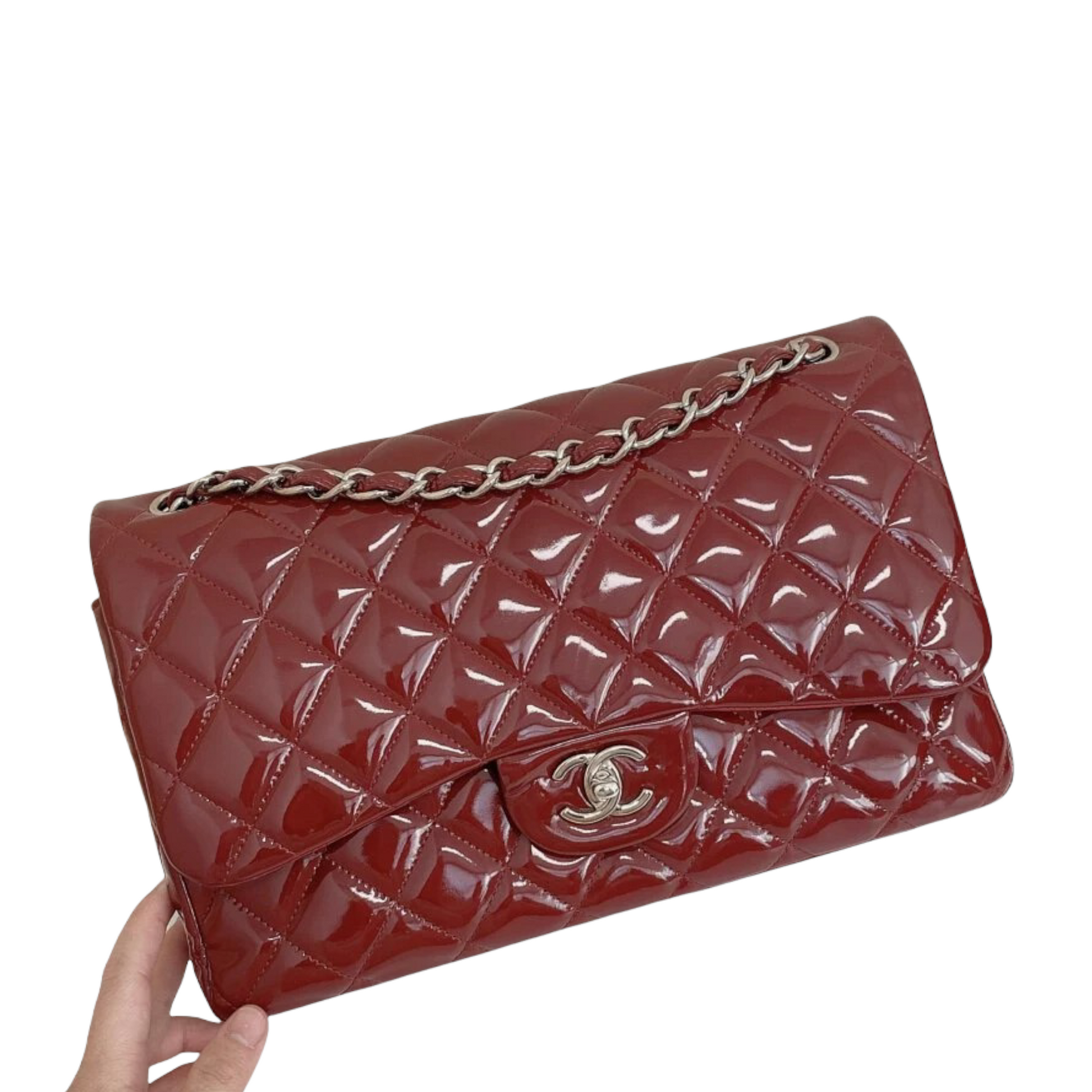 Chanel Double Jumbo Patent SHW Handbag Red Large Shoulder Bag