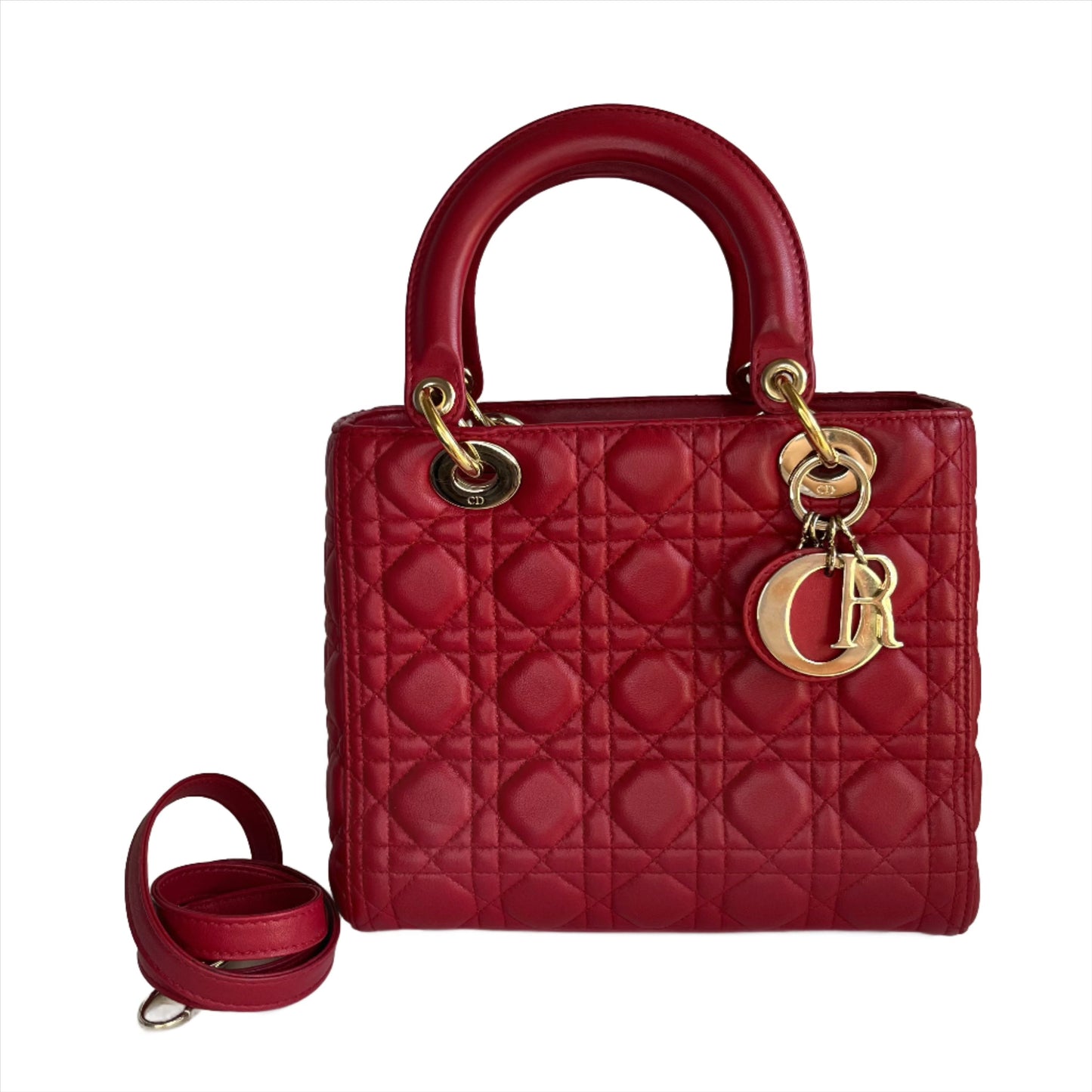 Dior Lady Lambskin Cannage Handbag Leather Red Travel Bag