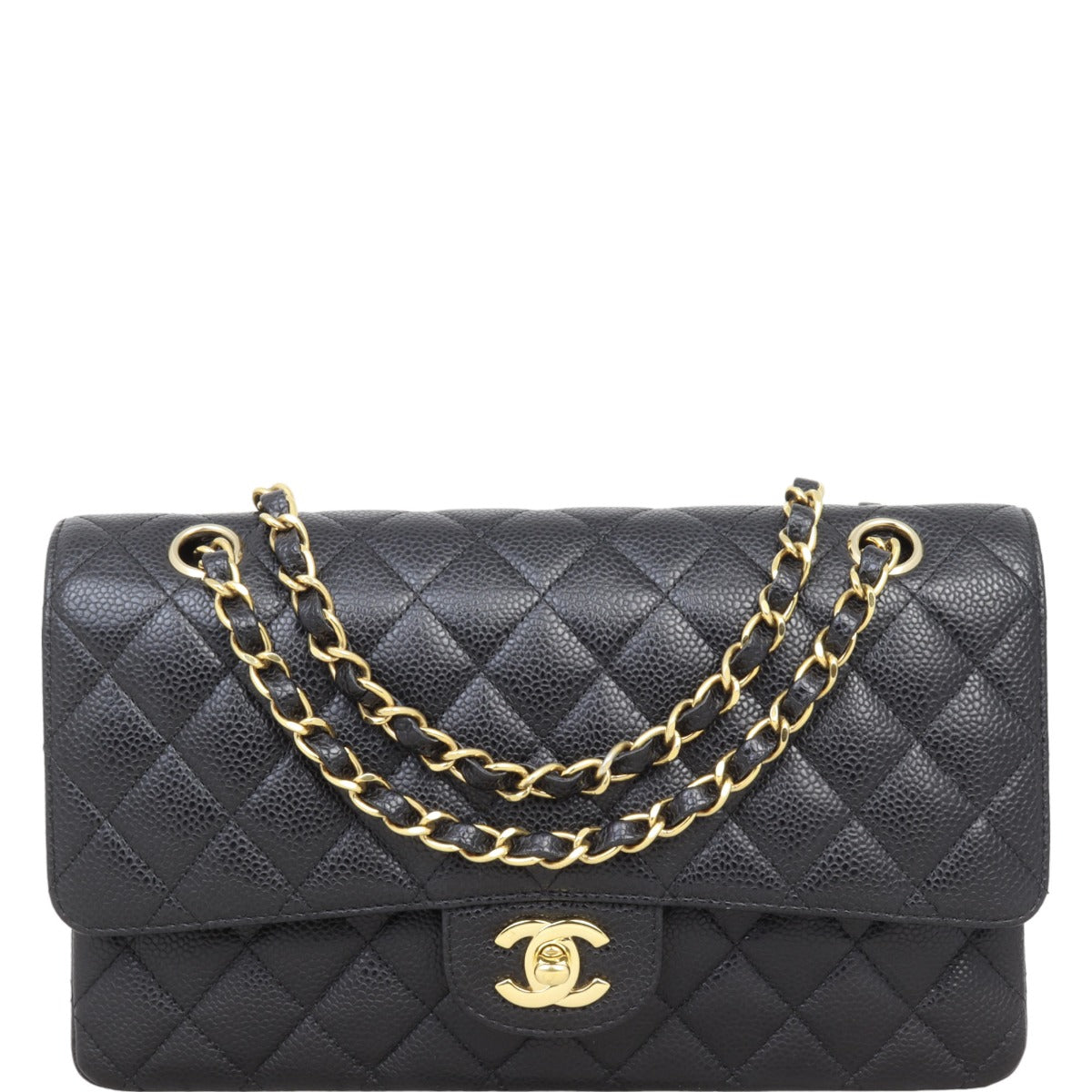Chanel Classic Double Flap Caviar Hardware Handbag Black Gold