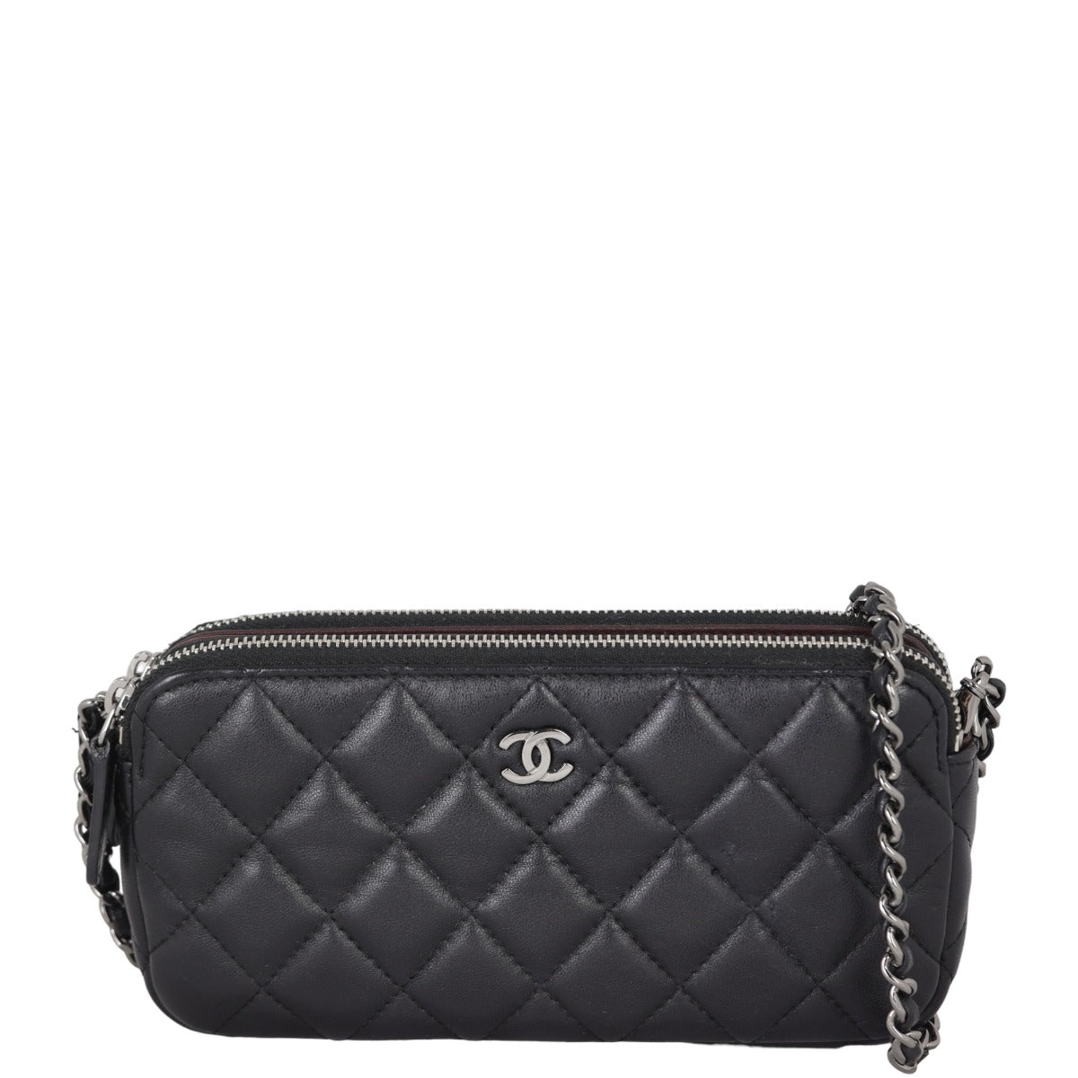 Chanel CC Double Zip Clutch with Lambskin Black Chain Clutch Bag