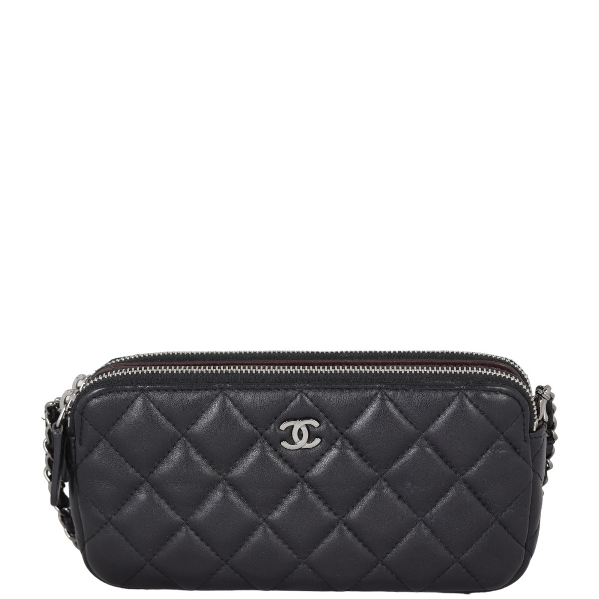 Chanel CC Double Zip Clutch with Lambskin Black Chain Clutch Bag