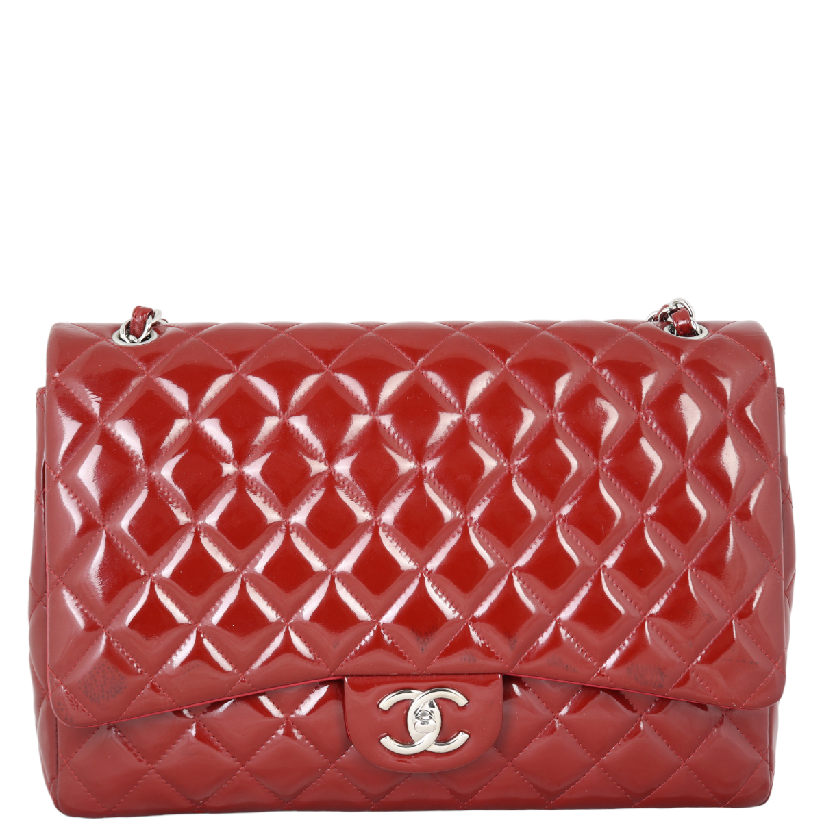 Chanel Classic Double Maxi Patent Handbag Red Flap
