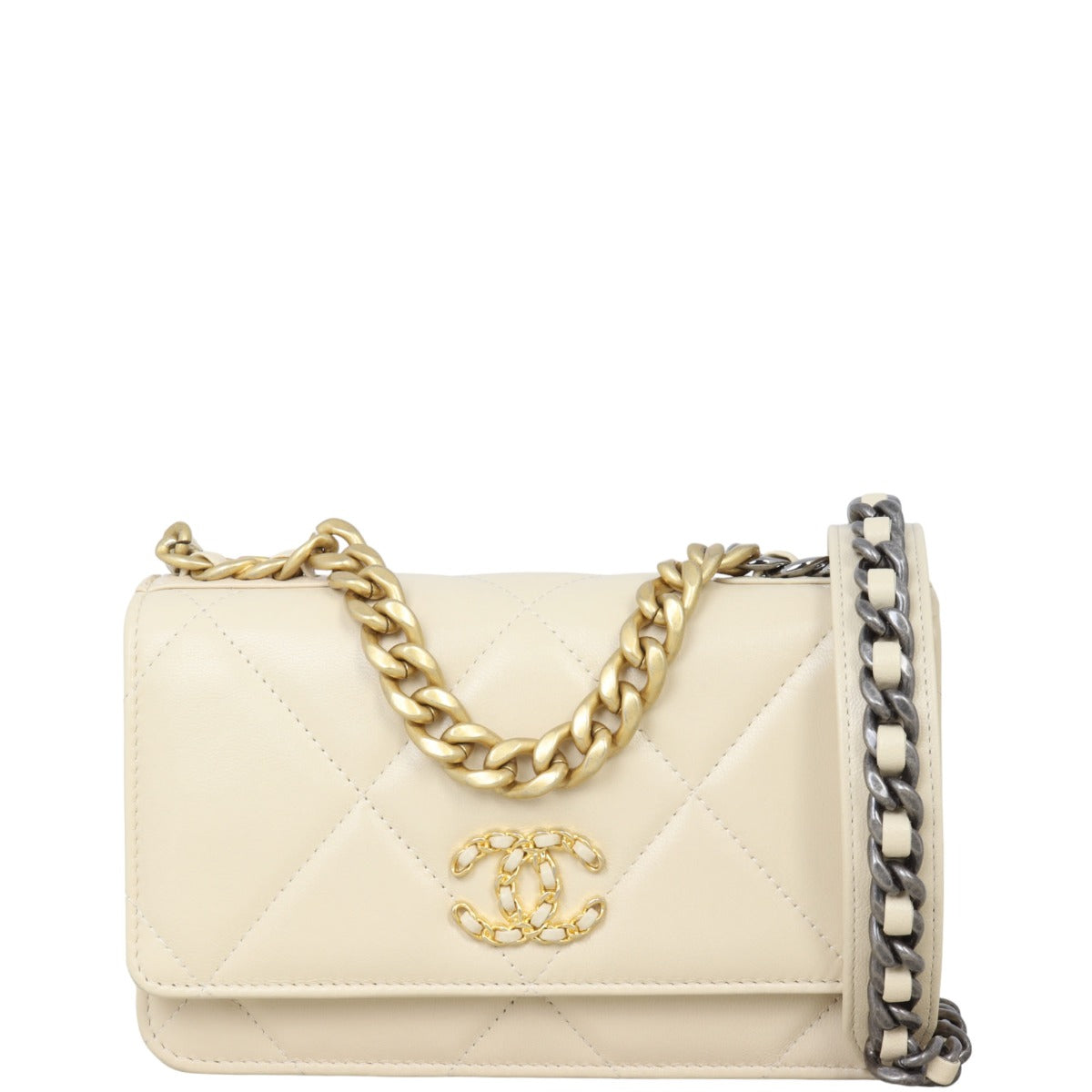 Chanel 19 Wallet On Handbag White Beige