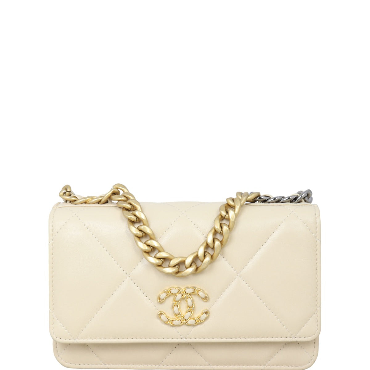 Chanel 19 Wallet On Handbag White Beige