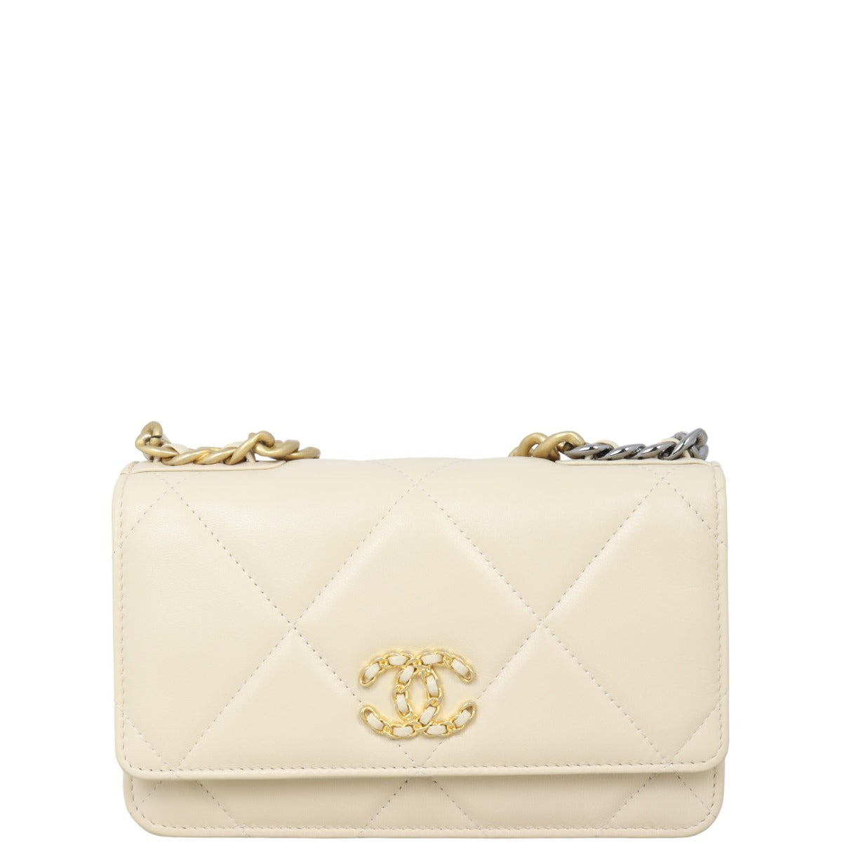Chanel 19 Wallet On Handbag White Beige