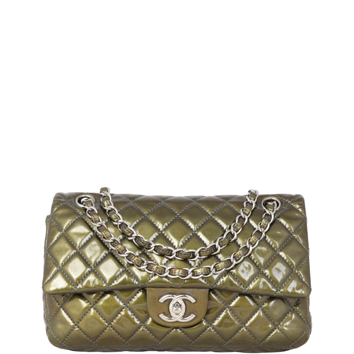 Chanel Classic Double Patent Olive Handbag Medium Flap