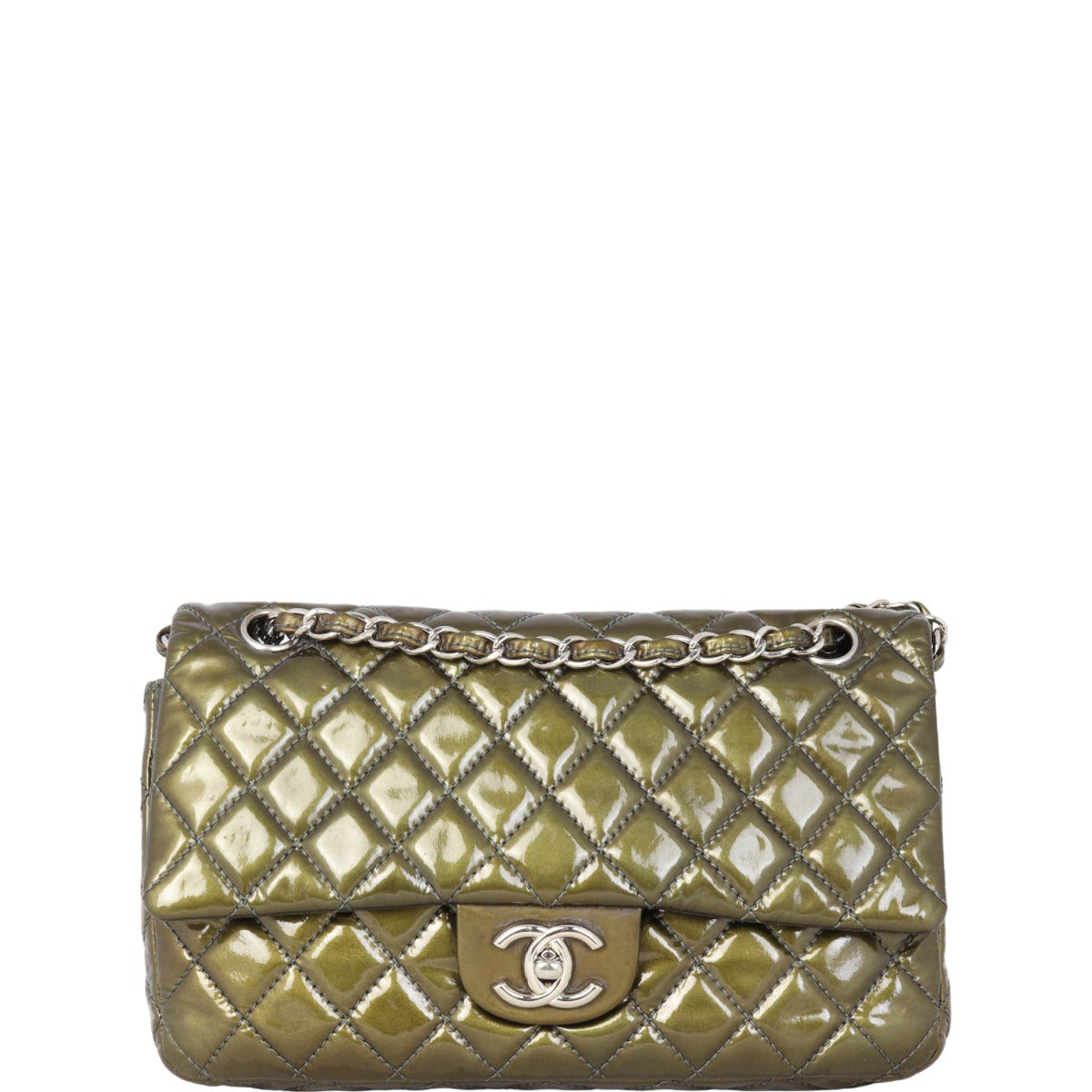 Chanel Classic Double Patent Olive Handbag Medium Flap