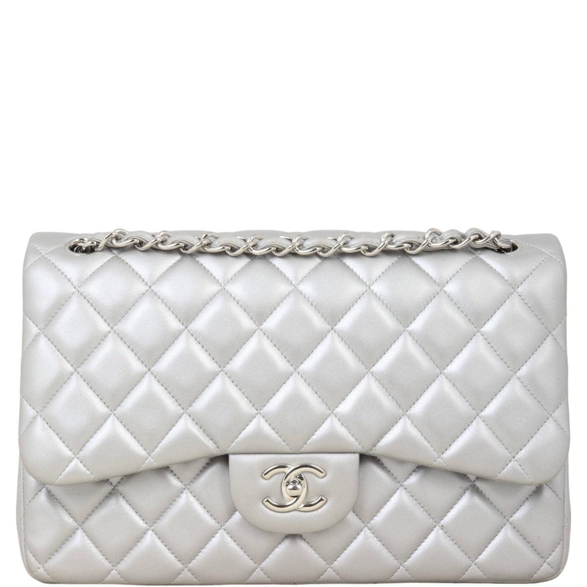Chanel Classic Double Jumbo Handbag Silver Flap